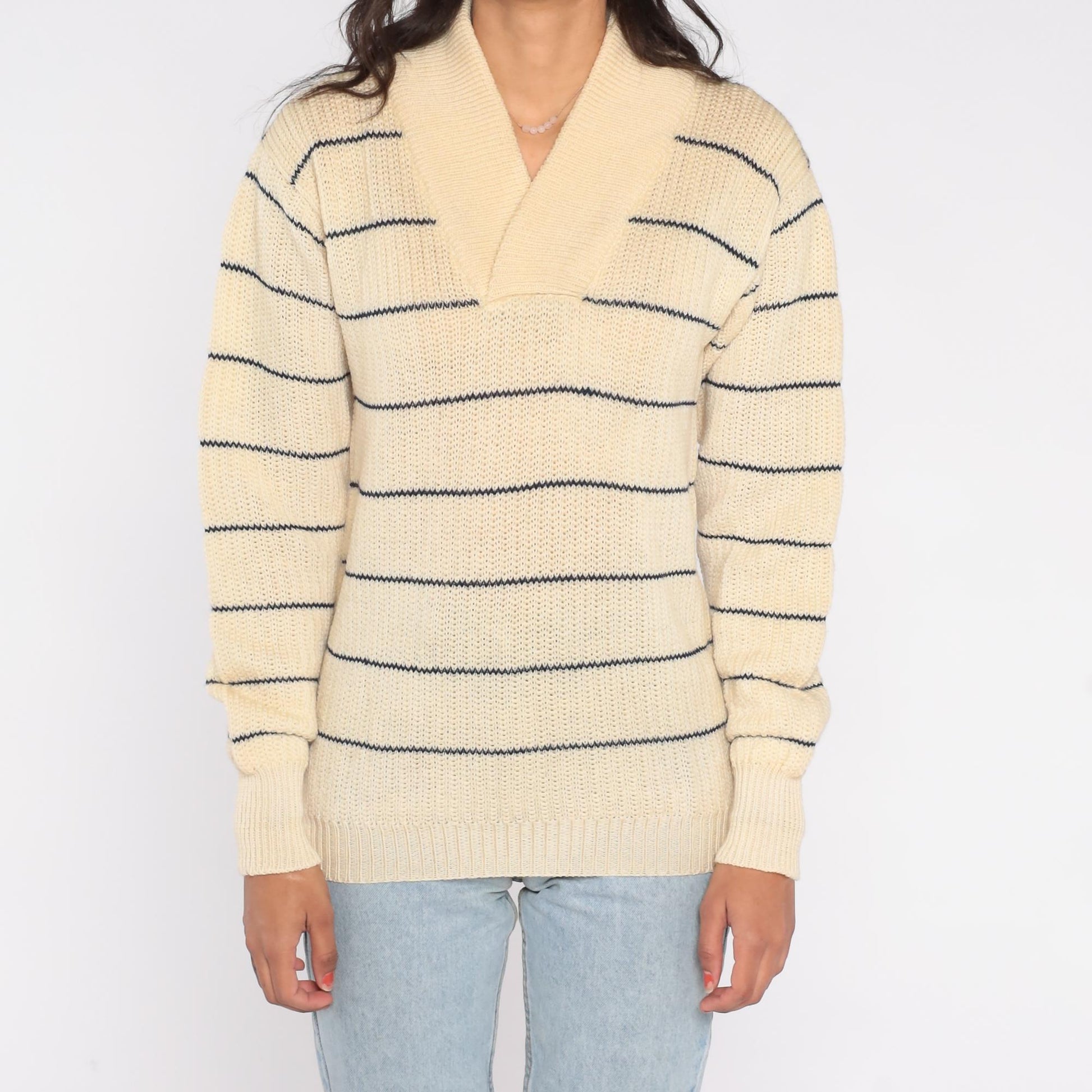 80s Hardy Amies London Wool Shawl Collar Sweater Cream Striped Medium