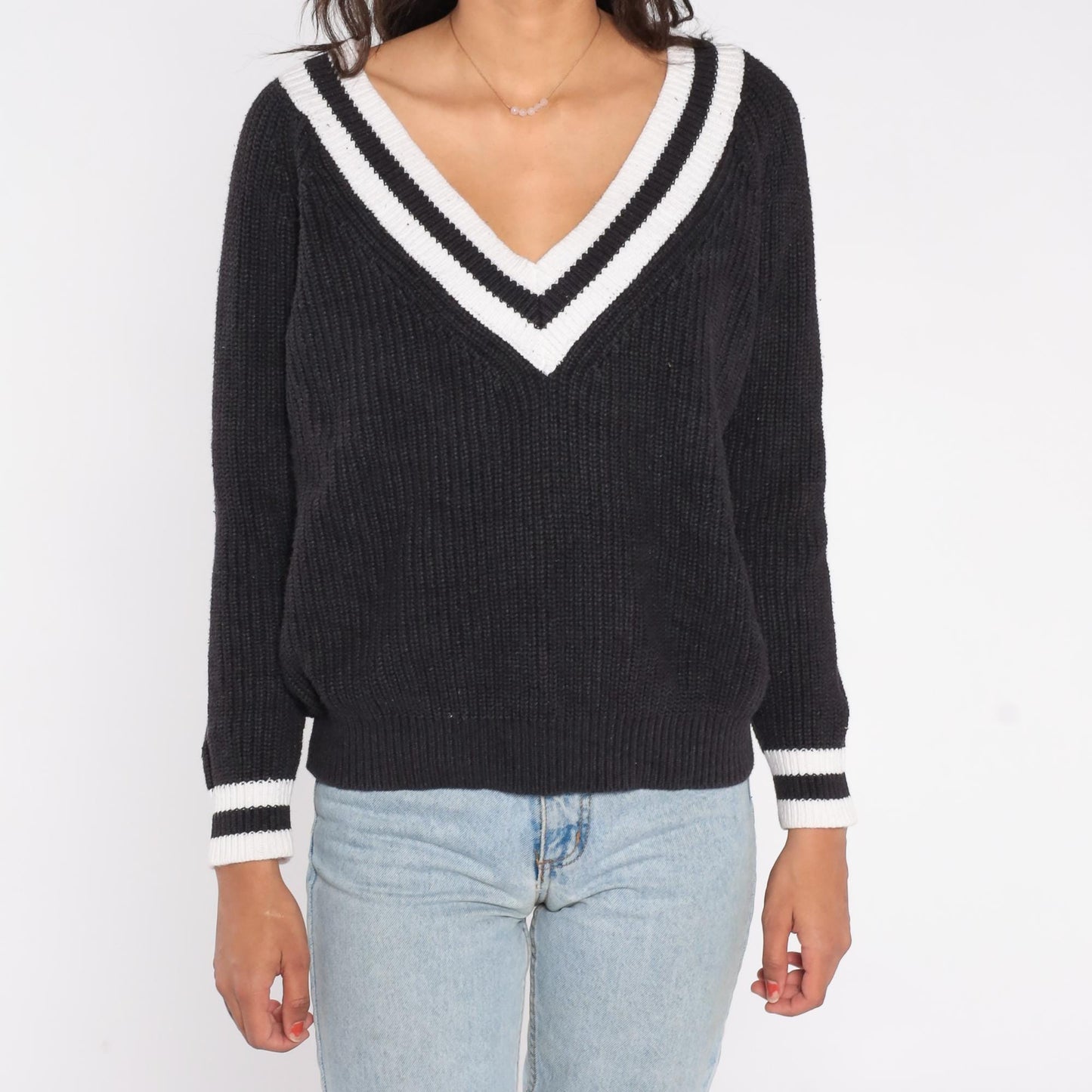 Y2K Black V-Neck Sweater White Trim Rib Knit Pullover Large L