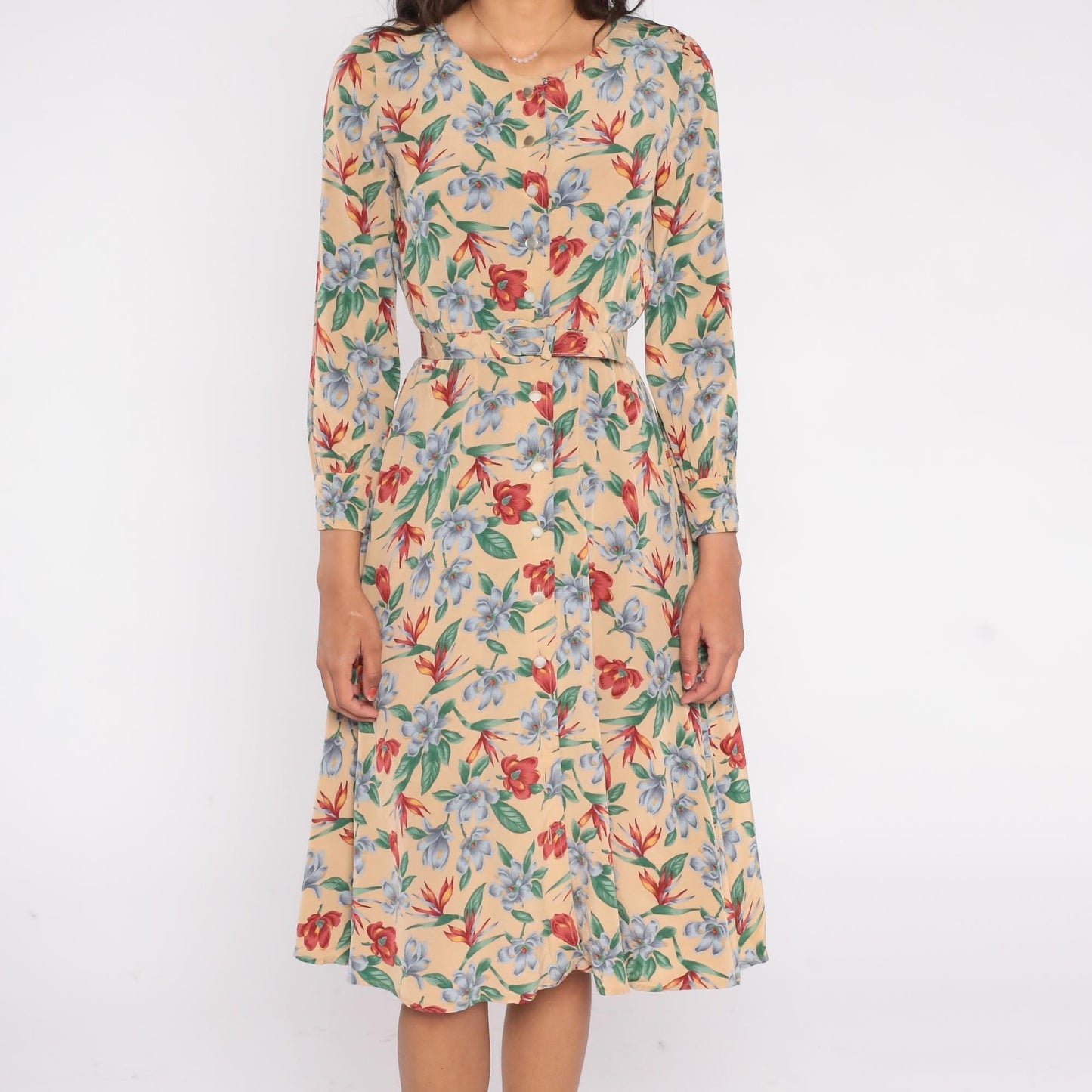 90s Liz Claiborne Floral Midi Dress Beige Rayon Button Front Belted Small