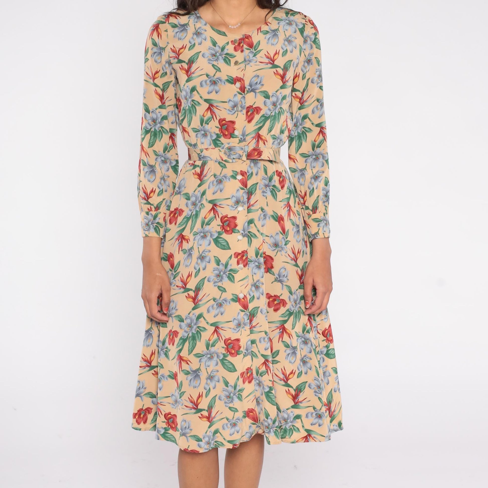 90s Liz Claiborne Floral Midi Dress Beige Rayon Button Front Belted Small