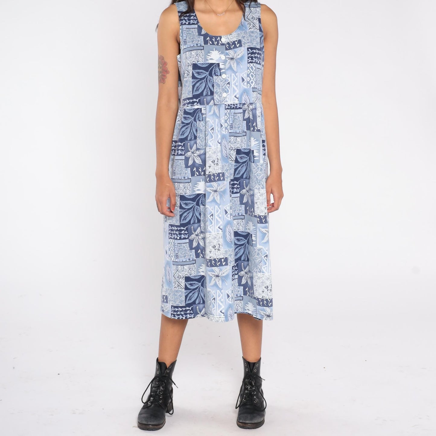 90s Blair Blue Patchwork Floral Midi Dress Sleeveless Button Front Small