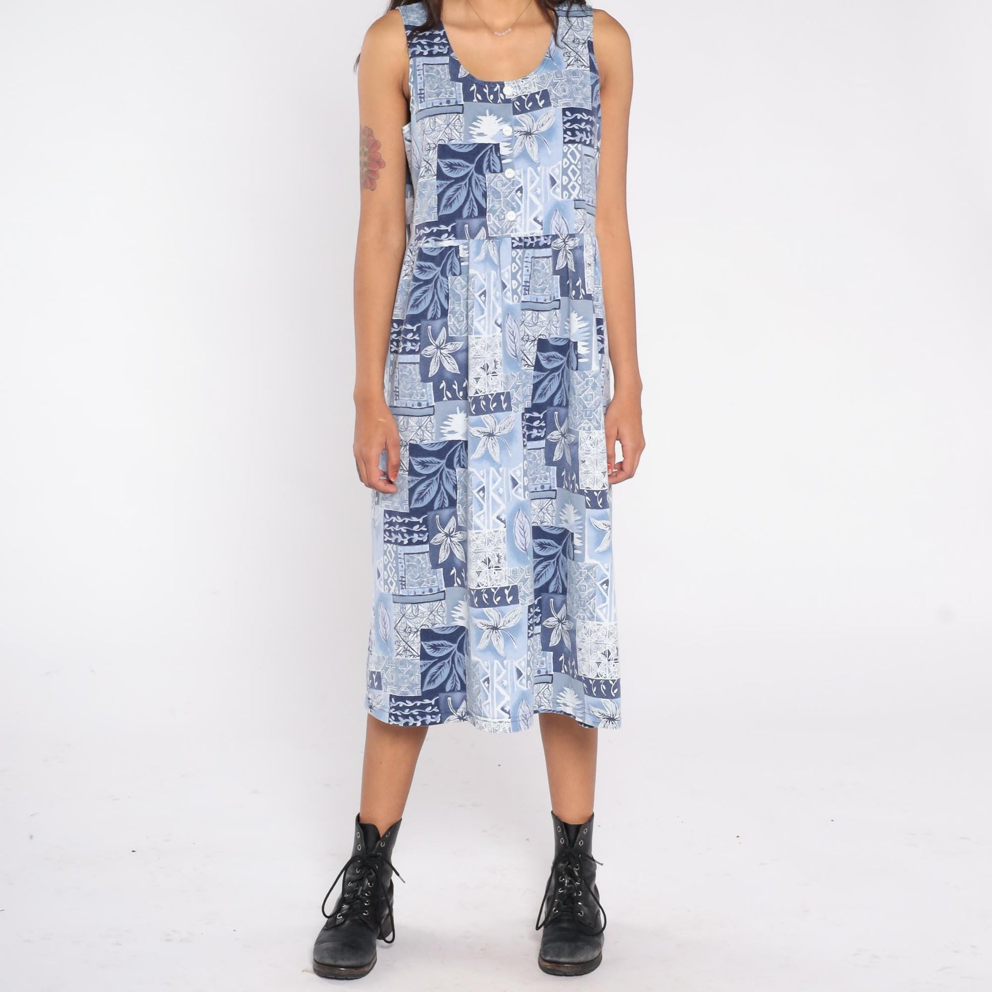 90s Blair Blue Patchwork Floral Midi Dress Sleeveless Button Front Small