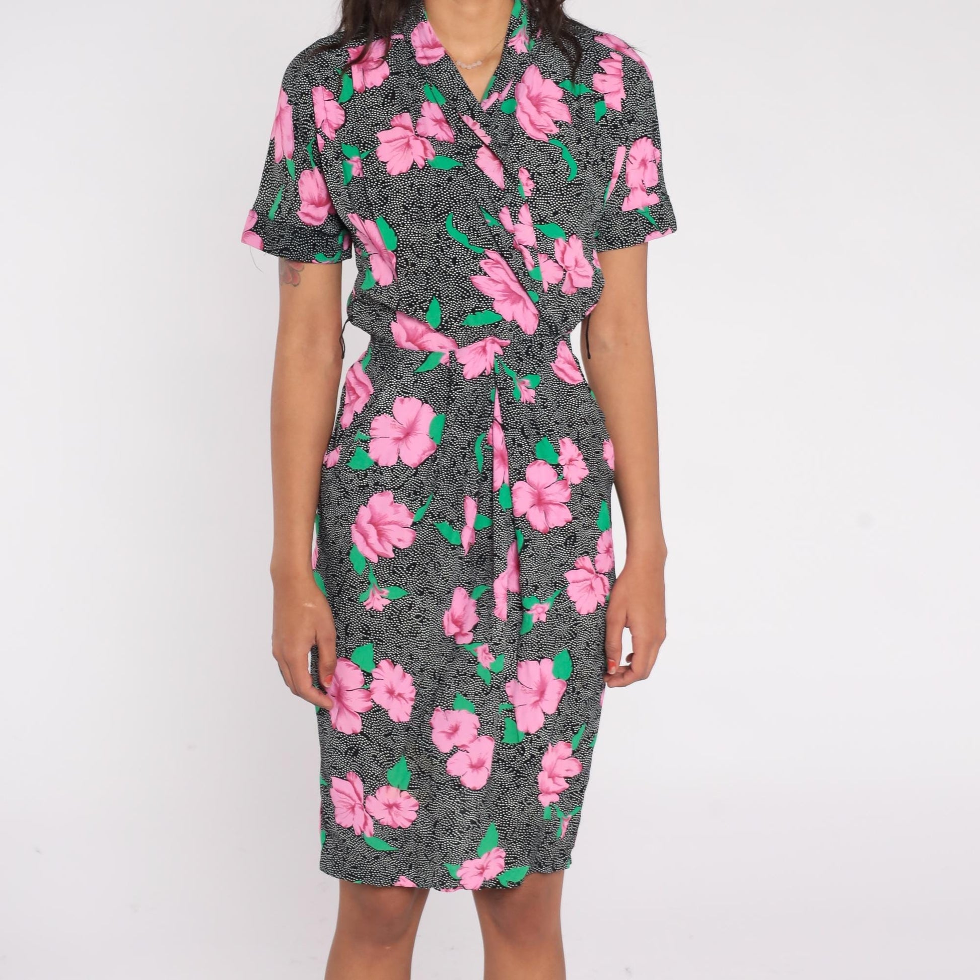 90s Jackie Bernard Floral Wrap Dress Pink Hibiscus Black Knee Length Small