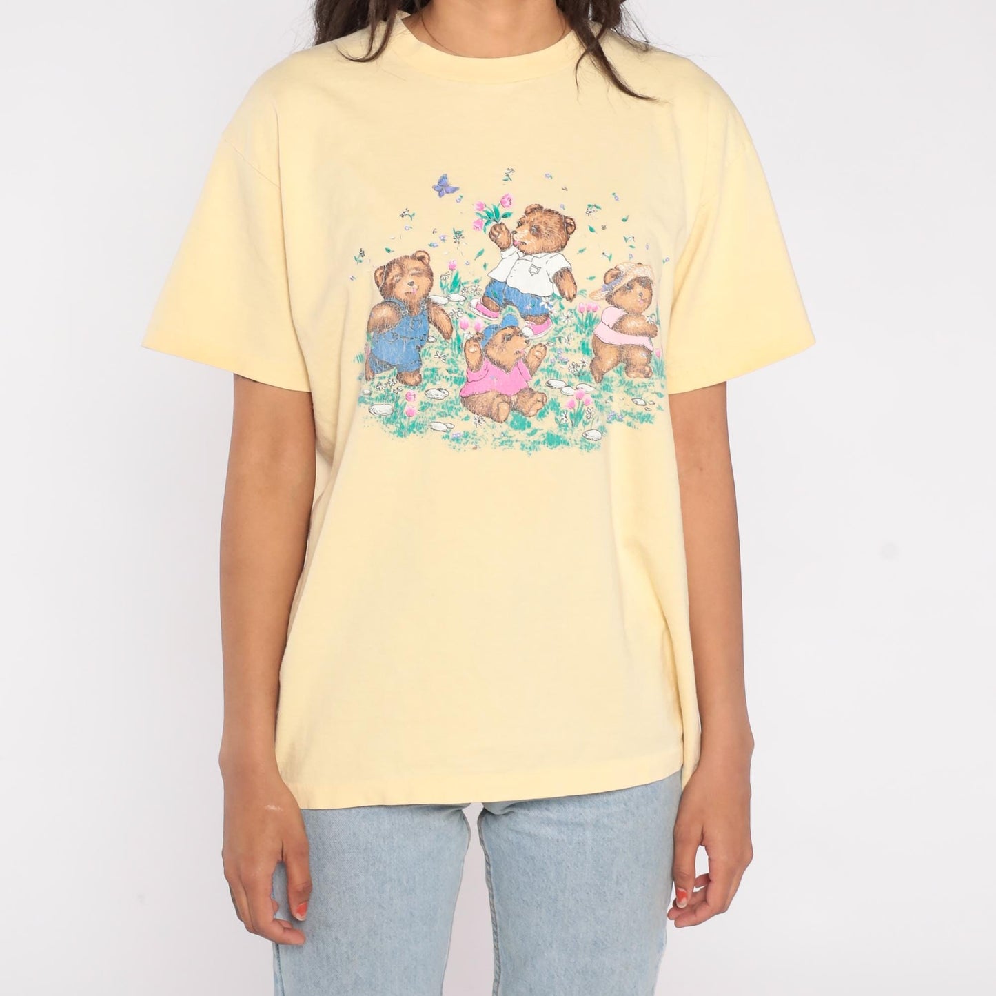 90s Anvil Teddy Bear Picnic Graphic T-Shirt Pastel Yellow Cotton Large L