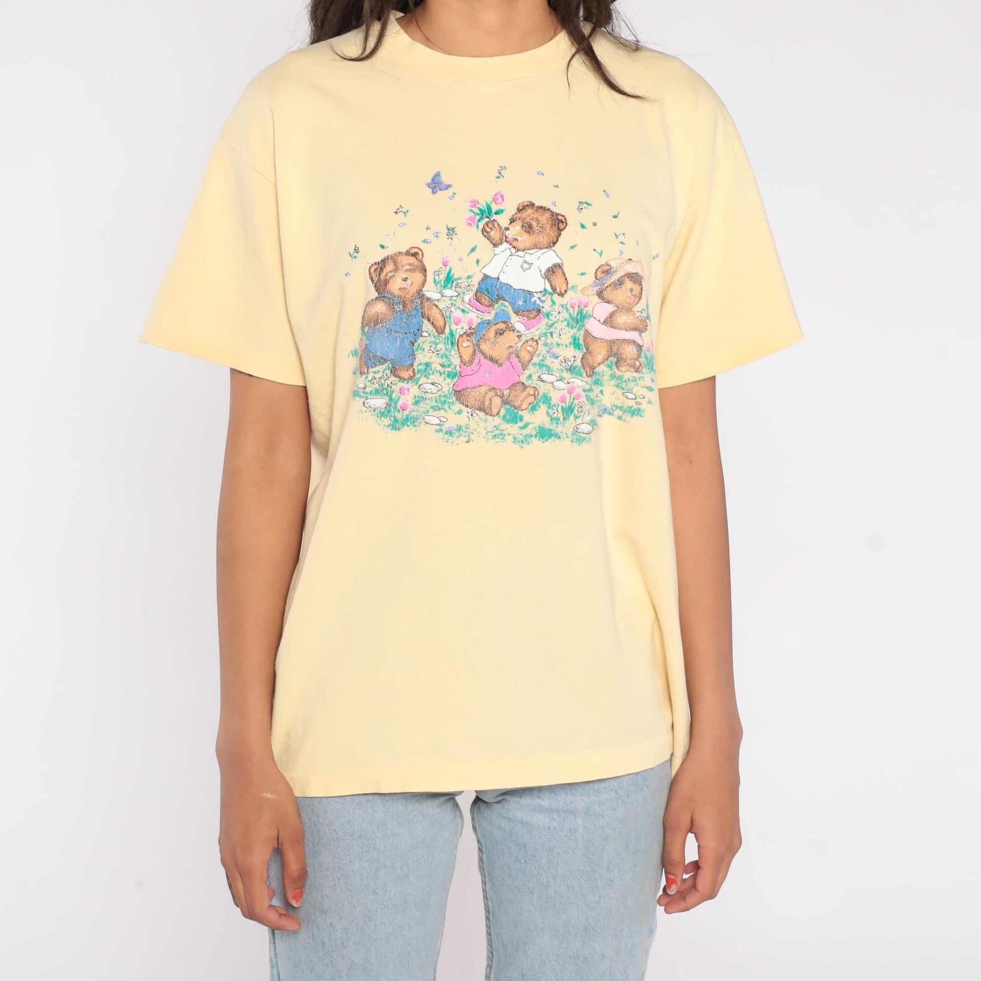 90s Anvil Teddy Bear Picnic Graphic T-Shirt Pastel Yellow Cotton Large L