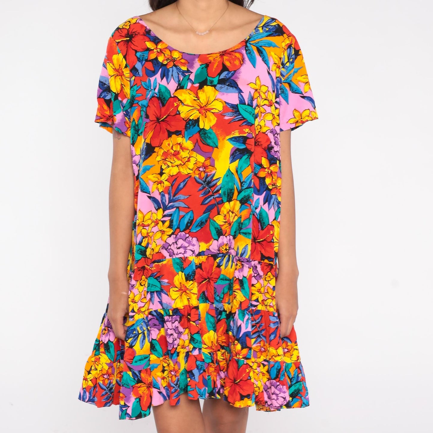 90s Tropical Floral Mini Dress Hibiscus Print Drop Waist Ruffle Medium M