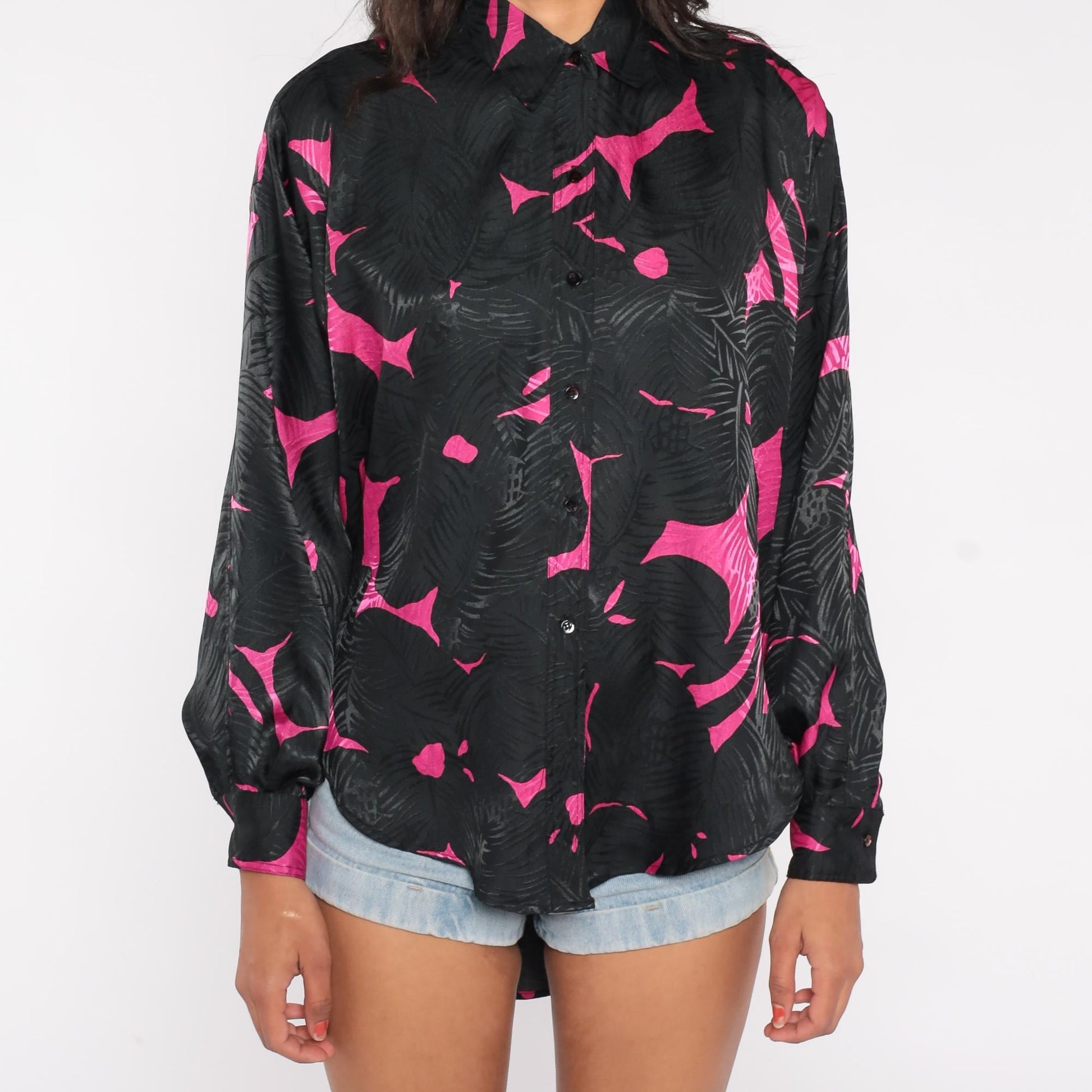 90s Termeh New York Abstract Button Down Blouse Hot Pink Black Medium