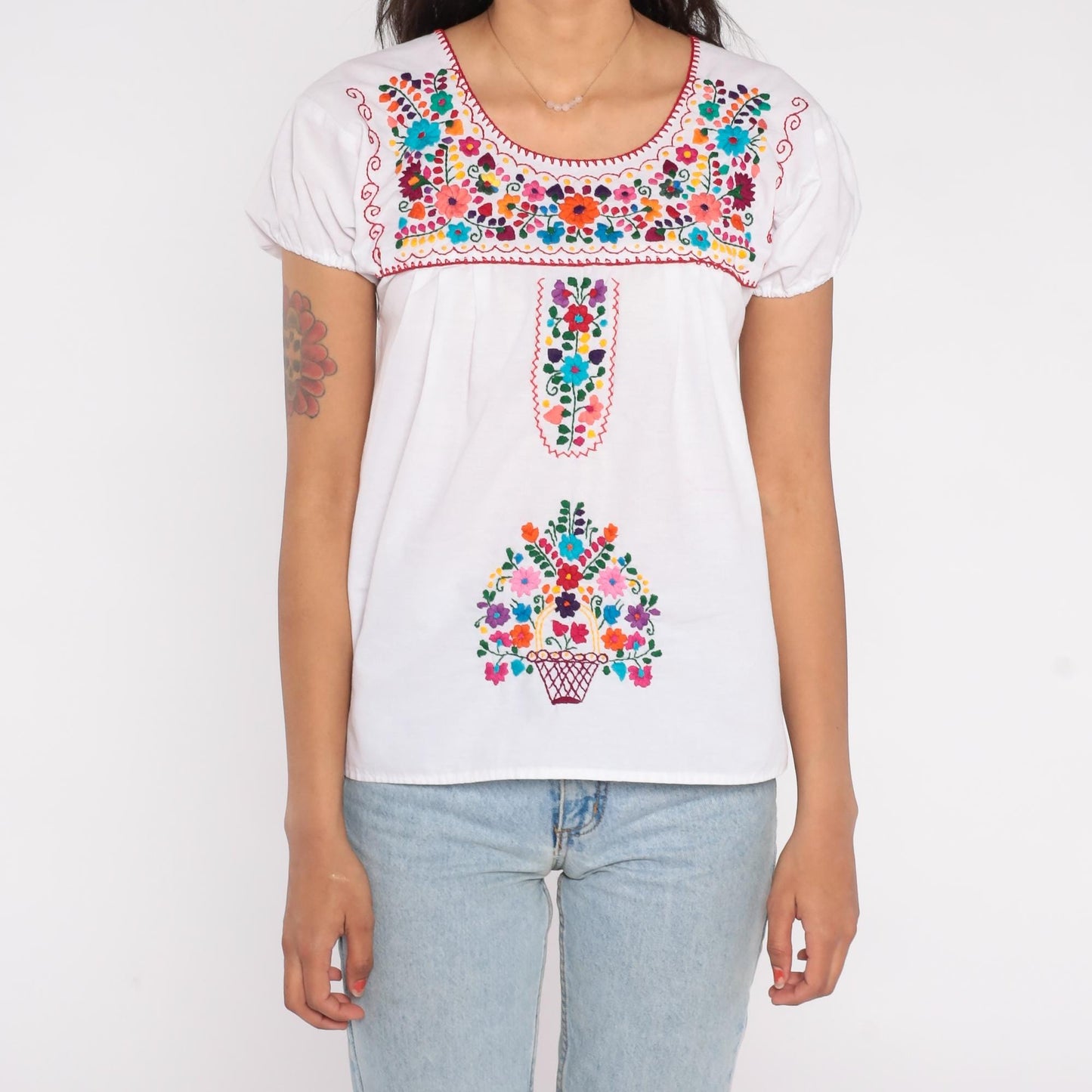 90s Mexican Embroidered White Cotton Blouse Floral Puff Sleeve Small