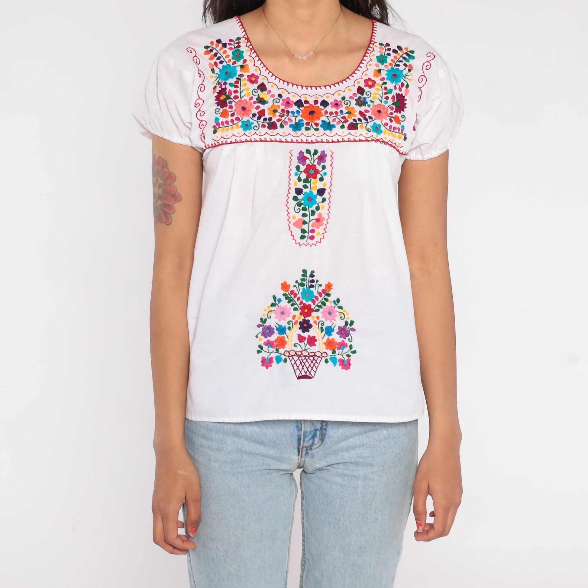 90s Mexican Embroidered White Cotton Blouse Floral Puff Sleeve Small