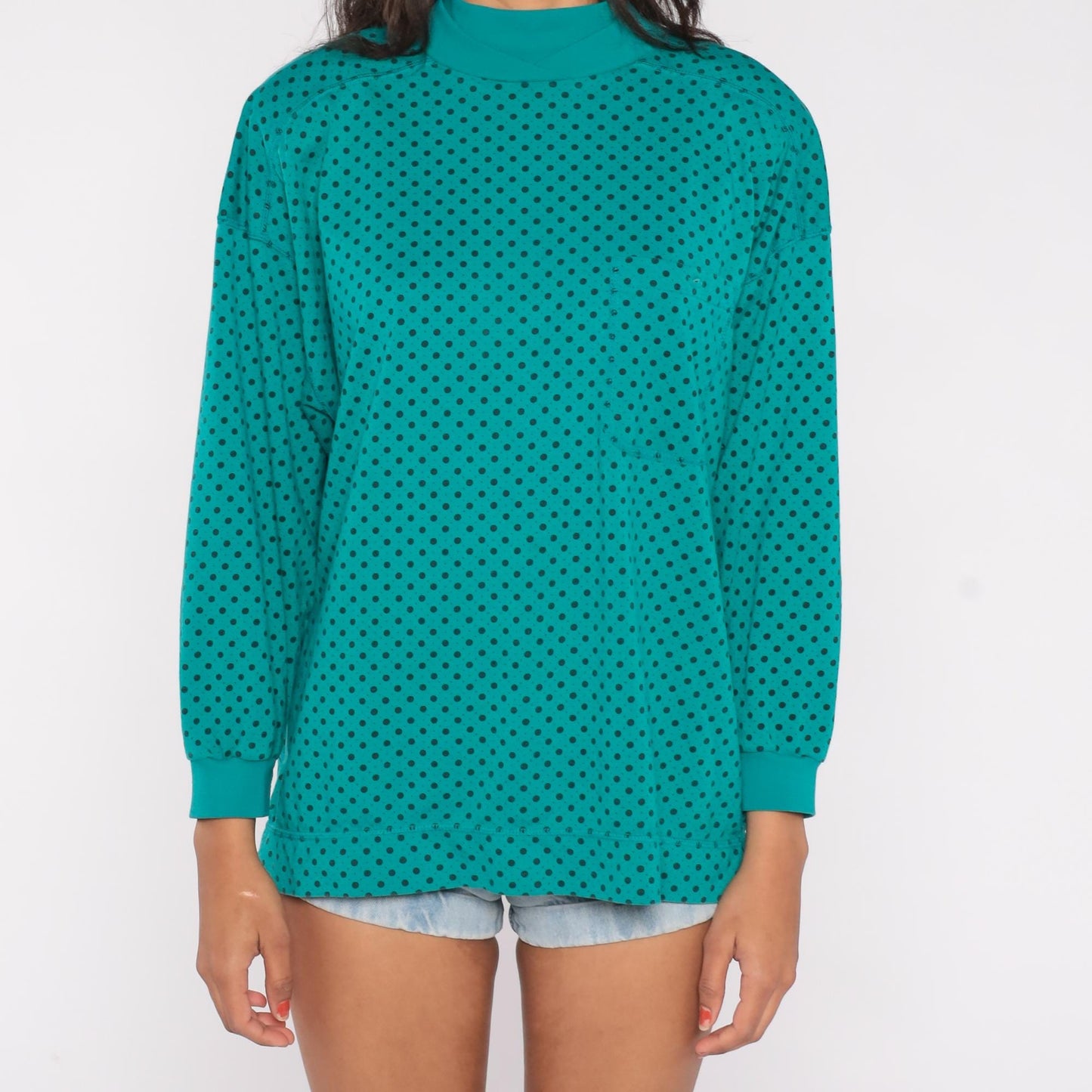 90s Victoria Jones Teal Polka Dot Mock Neck Sweatshirt Cotton Blend Large L