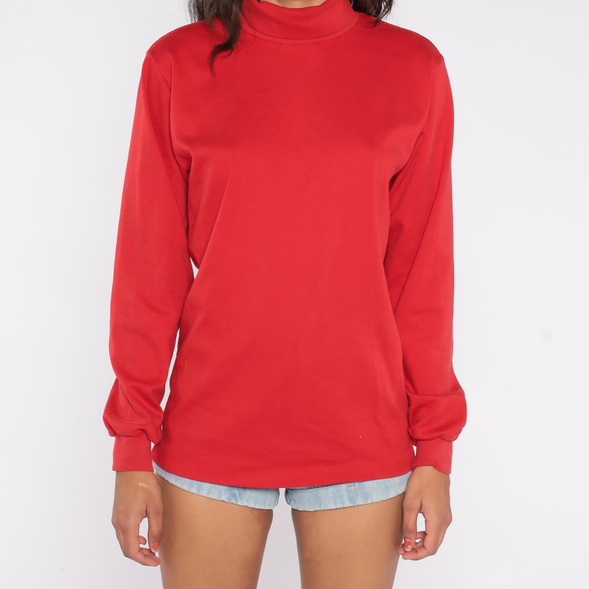 80s SKYR Red Mock Neck Sweatshirt Cotton Lycra Long Sleeve Large L