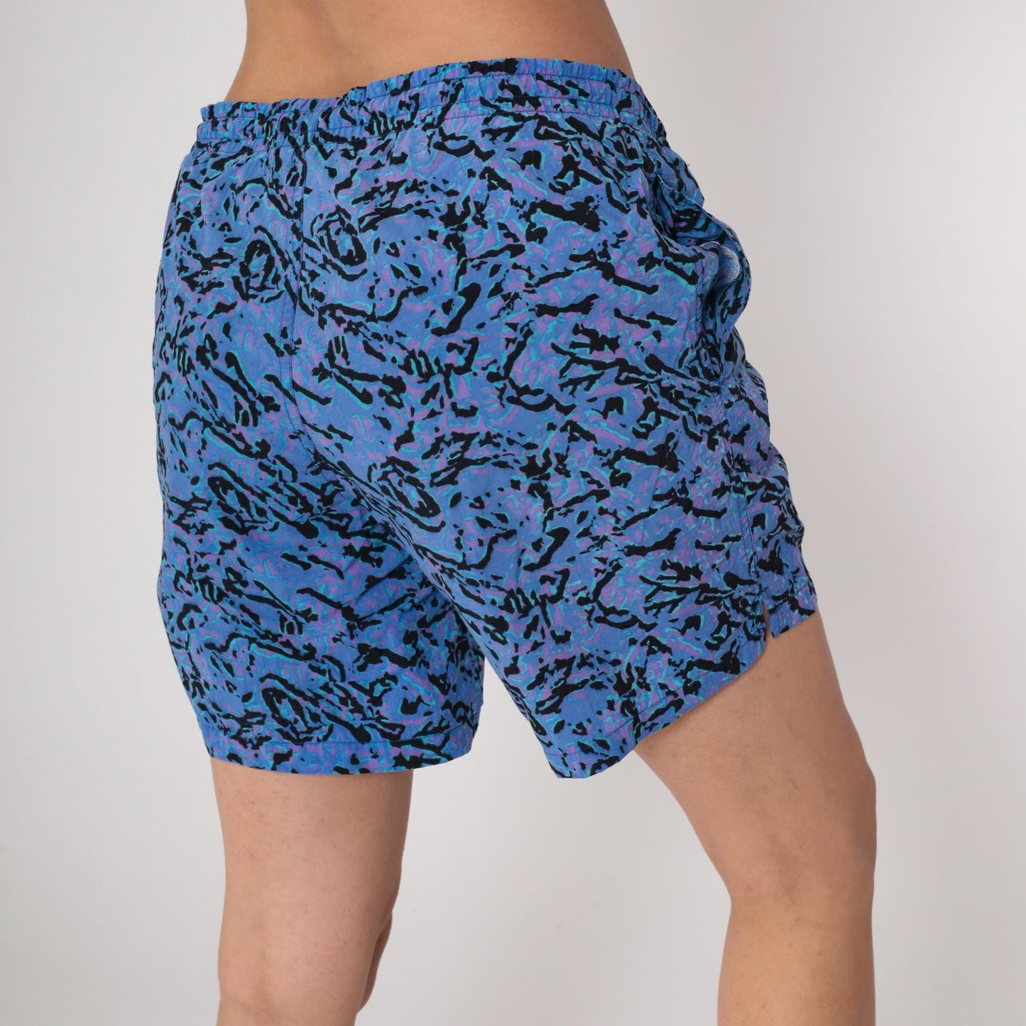 90s Athletic Works Abstract Swim Trunks Blue Purple Black Nylon Medium