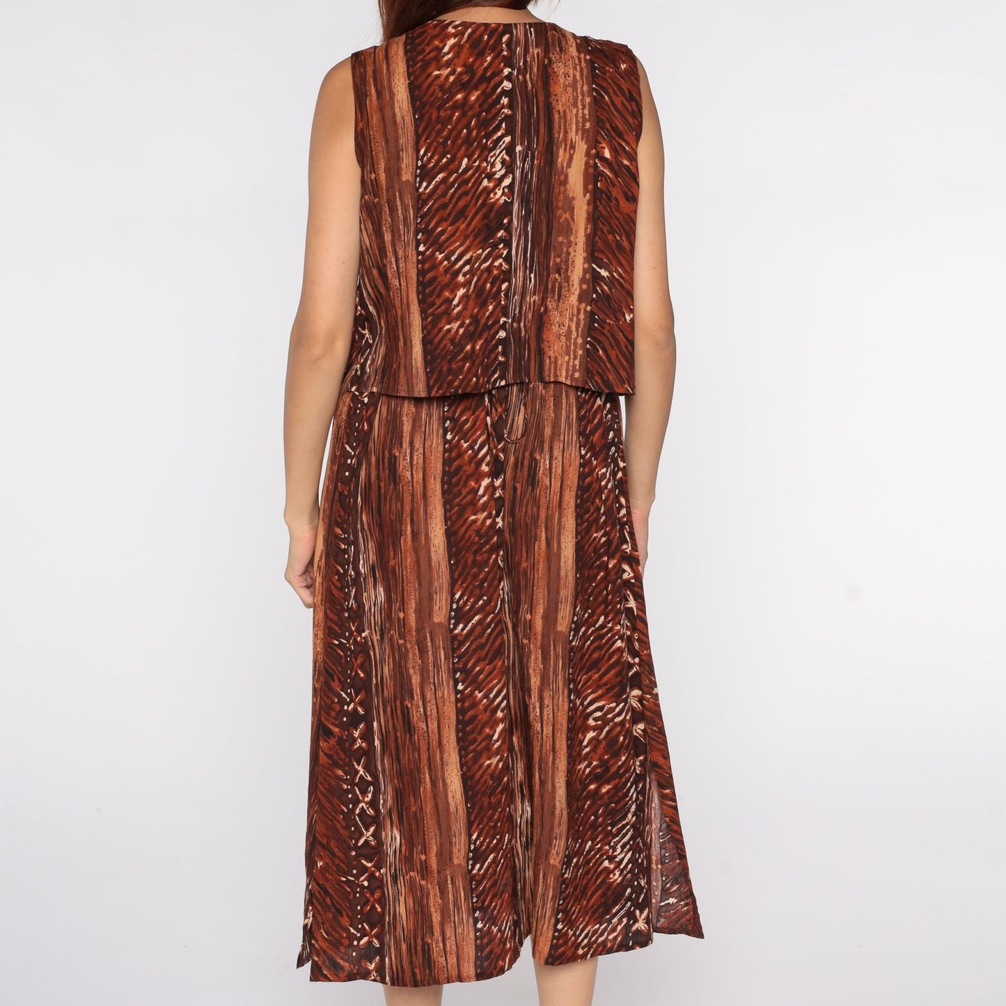90s Rabbit Designs Batik Midi Dress Brown Tribal Print Rayon Medium