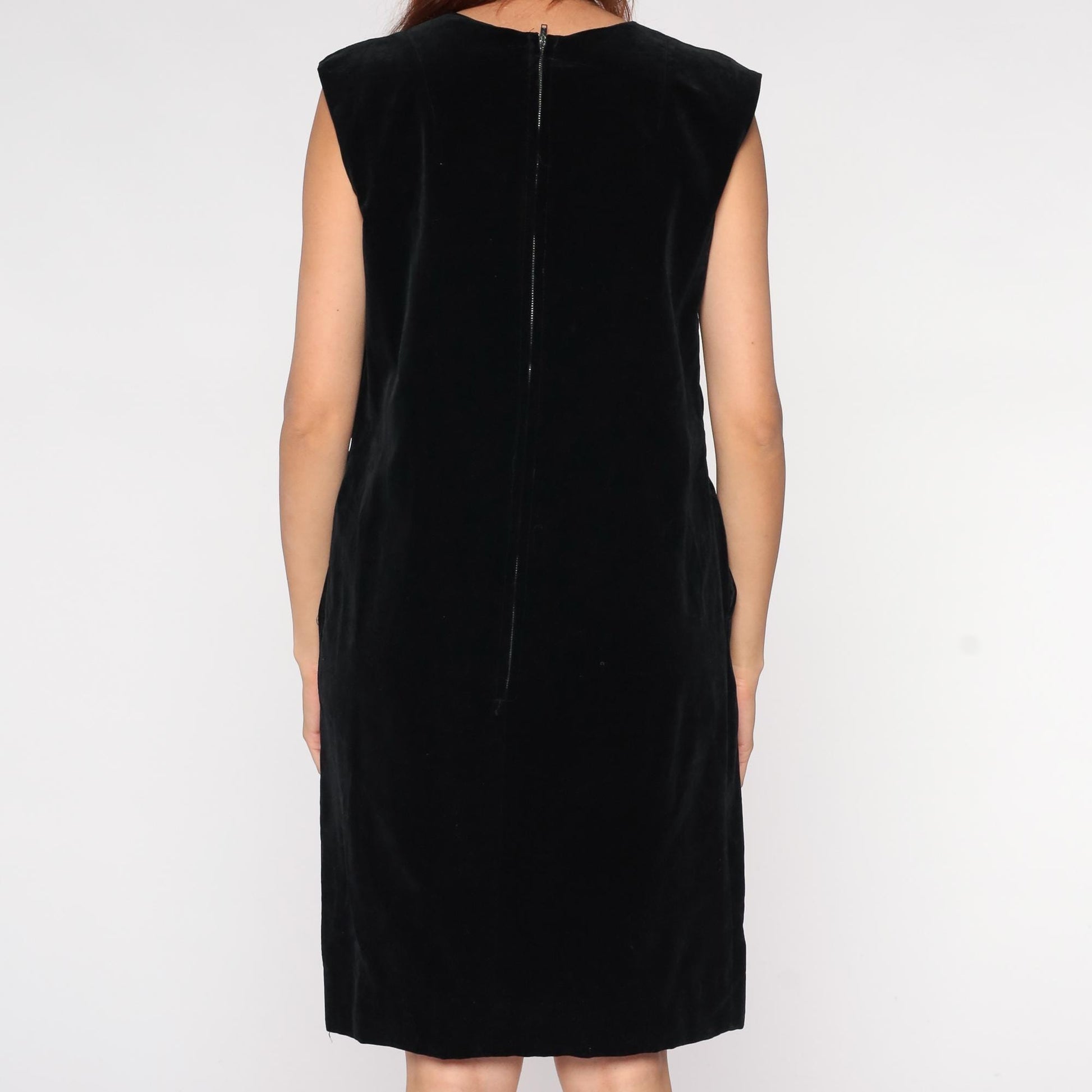 1970s Black Velvet Mini Dress Sleeveless Crew Neck Back Zip Medium M