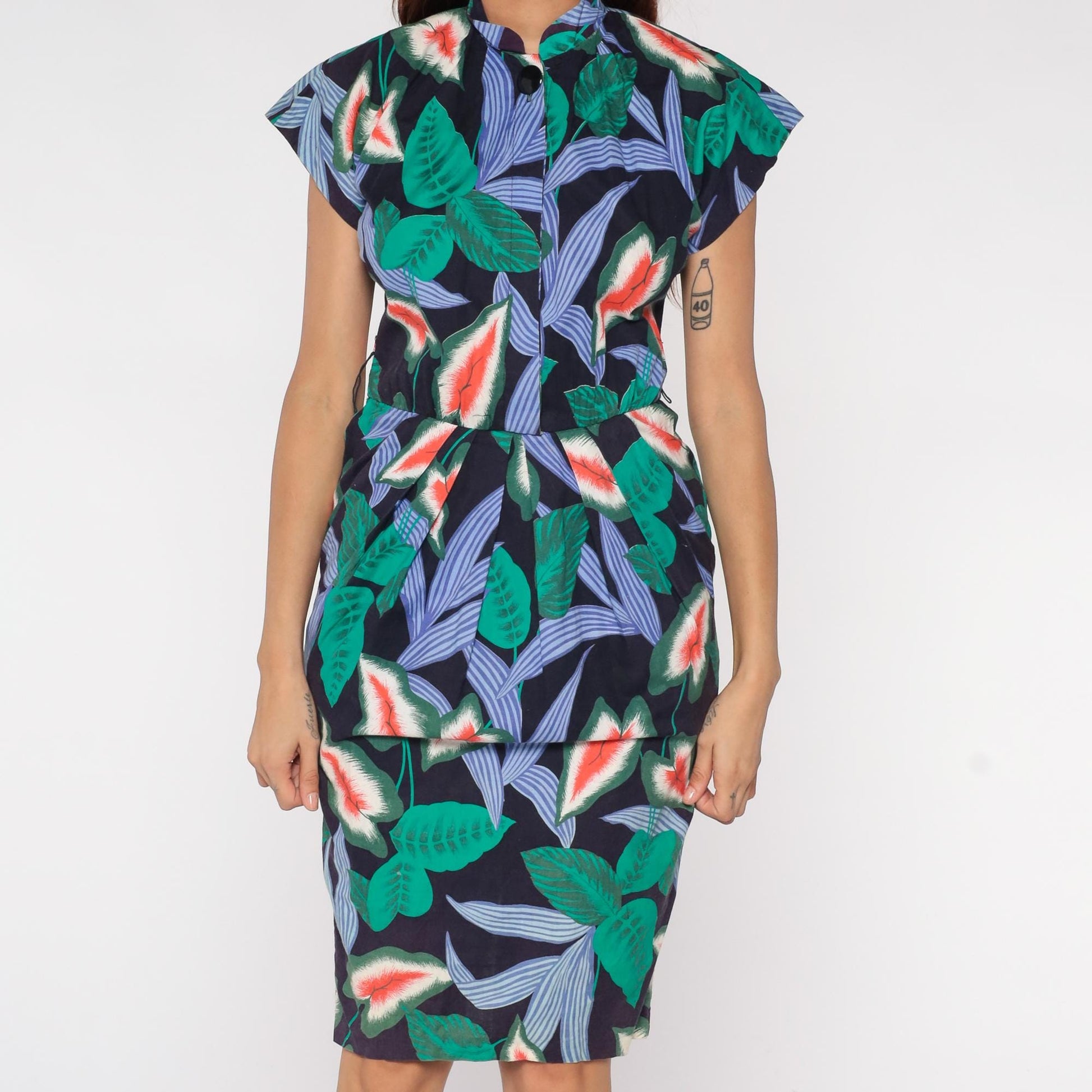 90s Tropical Leaf Cotton Dress Navy Green Mandarin Collar Cap Sleeve Small S