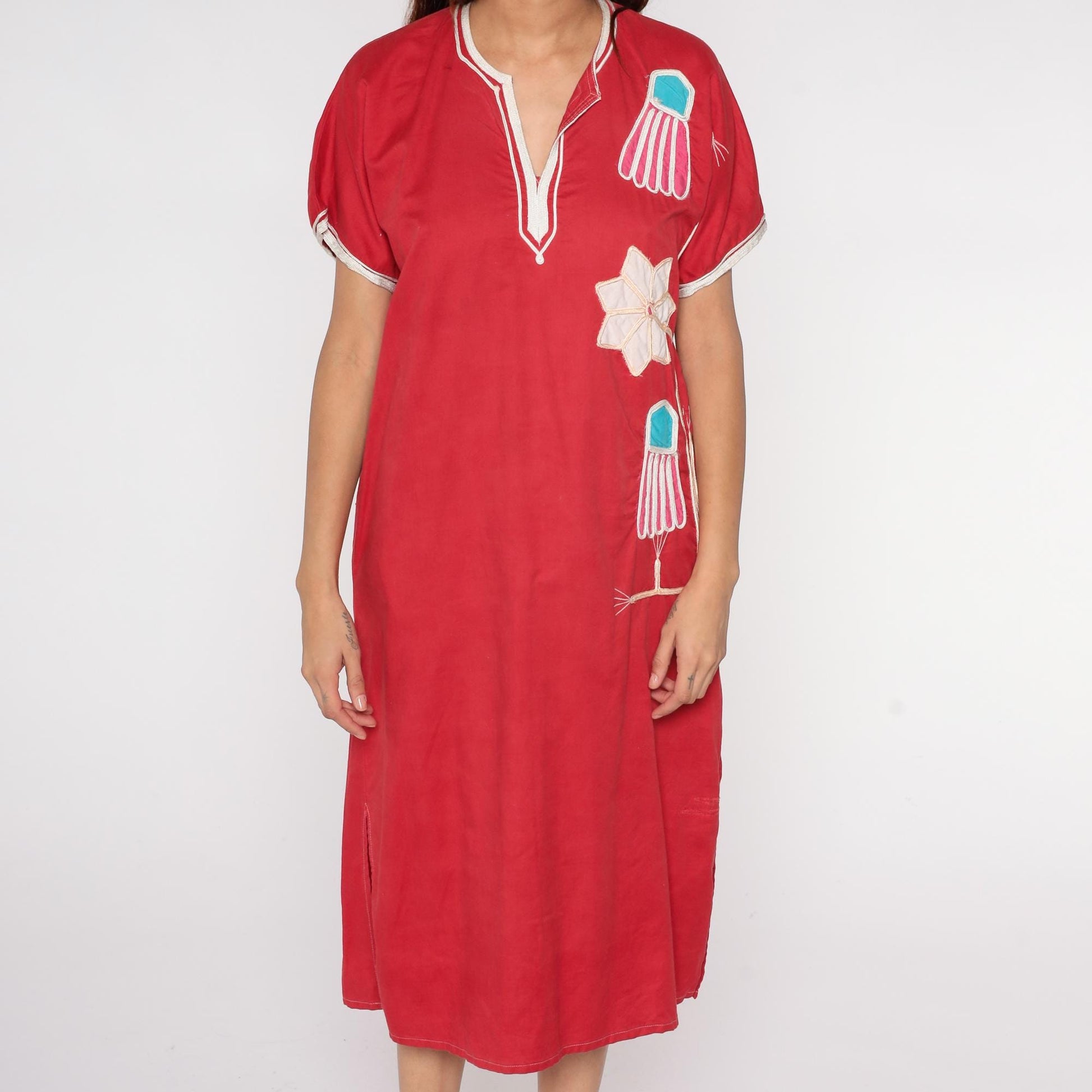 80s Red Kaftan Dress Cotton Blend V-Neck Jellyfish Embroidered Midi Medium M