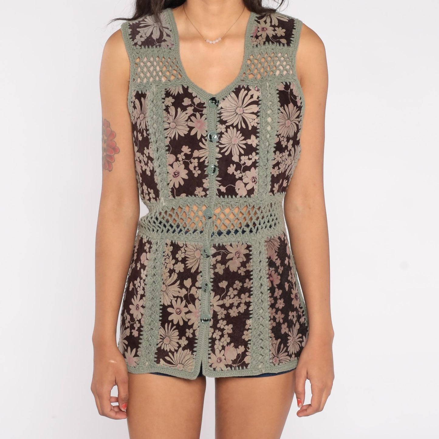 70s Crochet Patchwork Vest Sage Green Brown Floral Daisy Mesh Knit Medium M