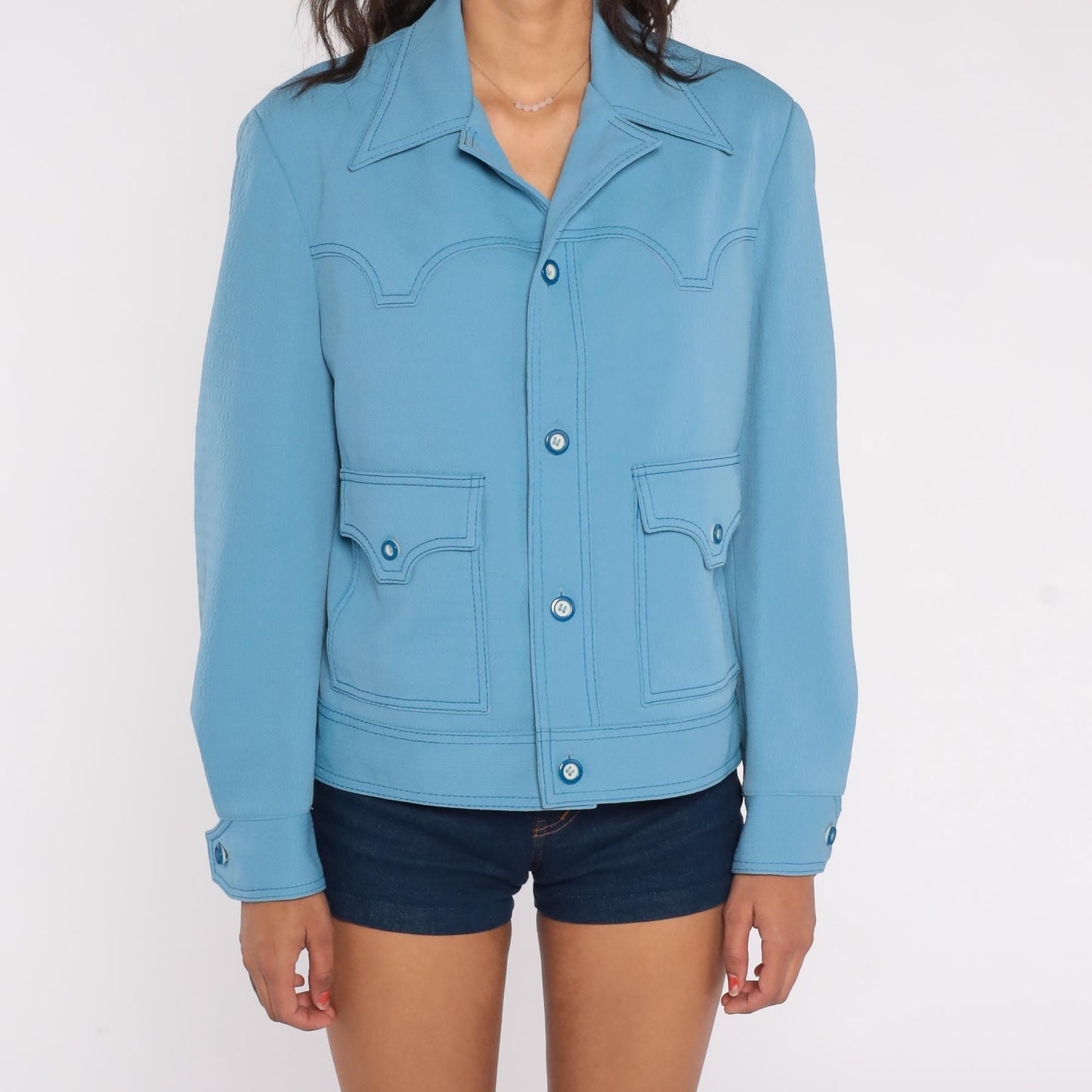 70s Light Blue Western Jacket Scalloped Yoke Stitch Detail Medium