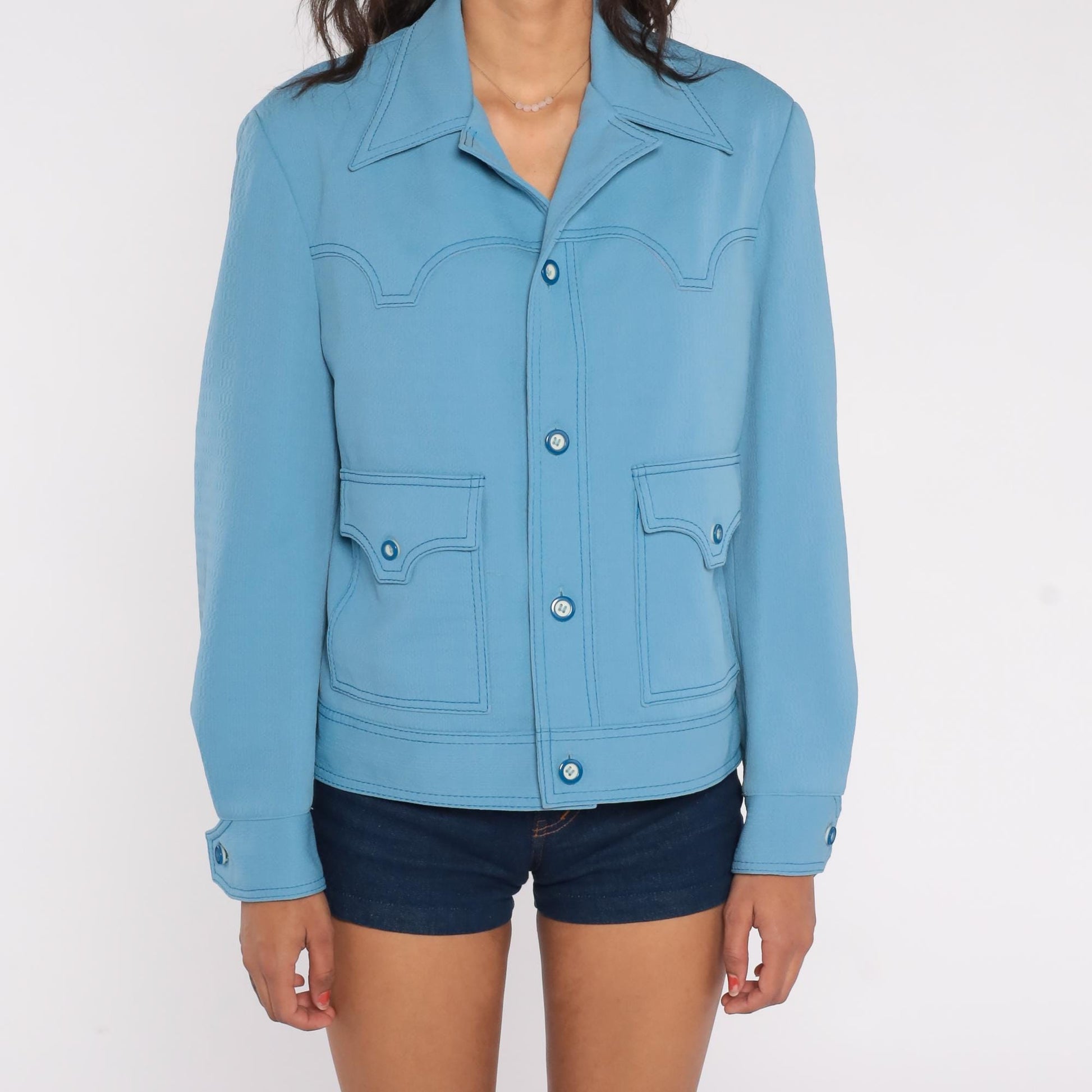 70s Light Blue Western Jacket Scalloped Yoke Stitch Detail Medium