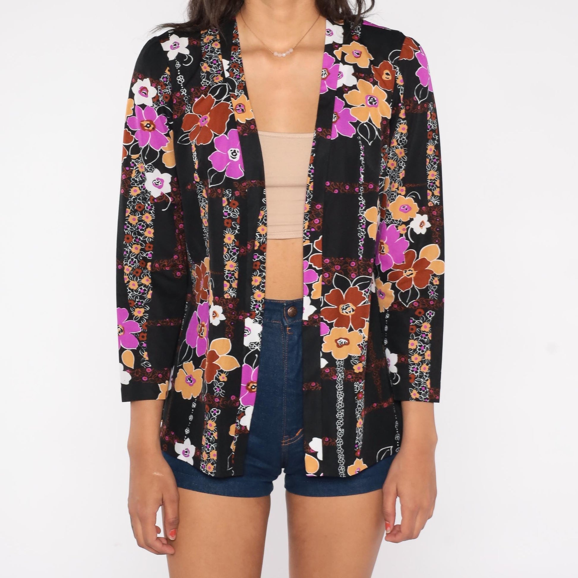 70s Floral Blazer Black Pink Orange Brown Flowers Open Front Small