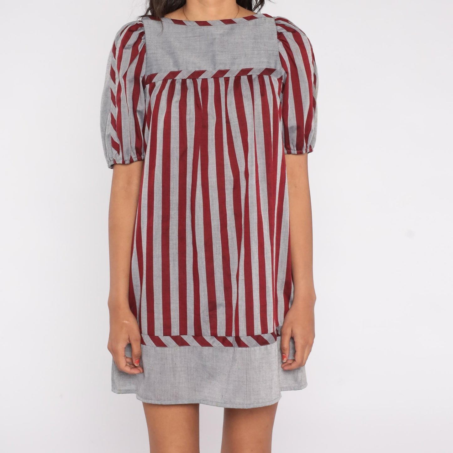 80s Mako Hawaii Striped Mini Dress Puff Sleeve Square Neck Red Grey Small