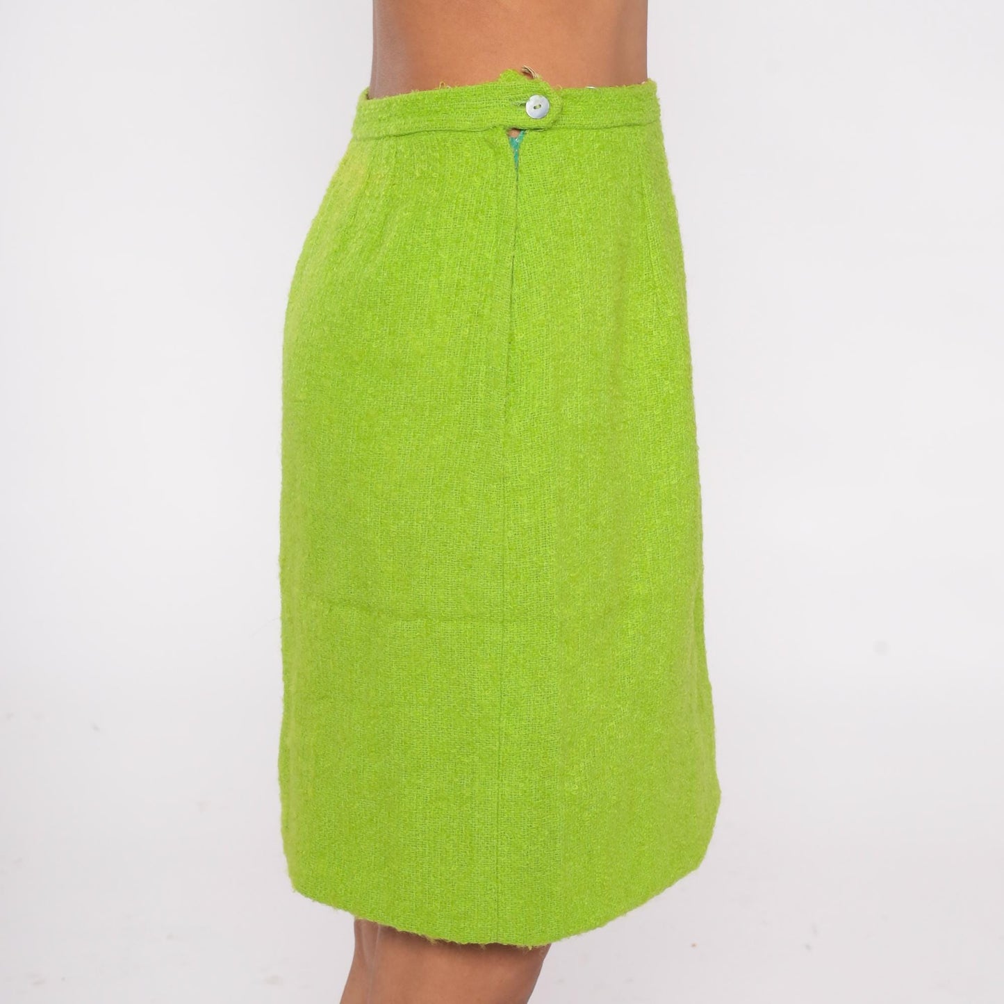 60s Lime Green Wool Blend Skirt High Waist Knee Length Sheath Small