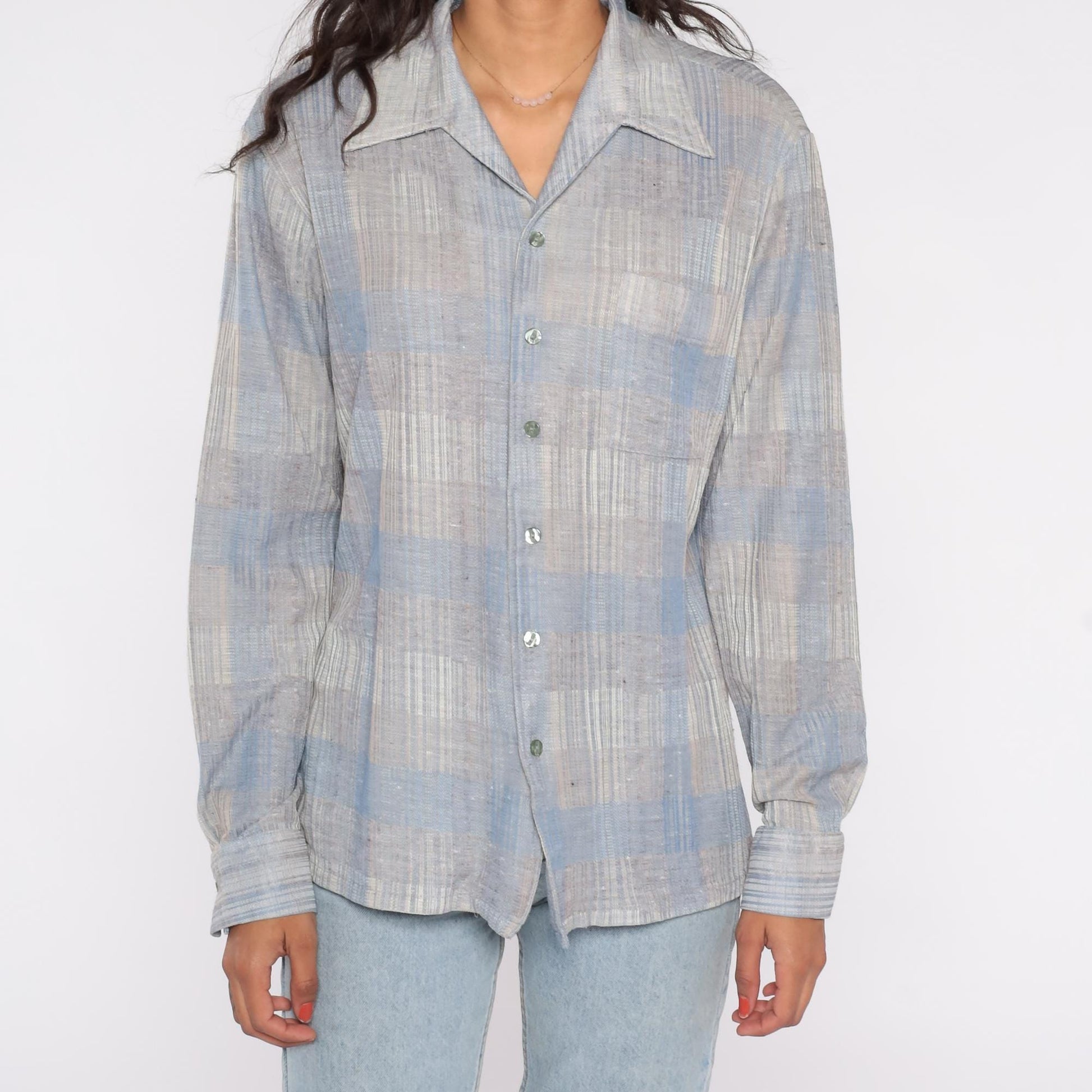70s Joel Plaid Button-Down Shirt Blue Grey Polyester Long Sleeve Extra Large XL