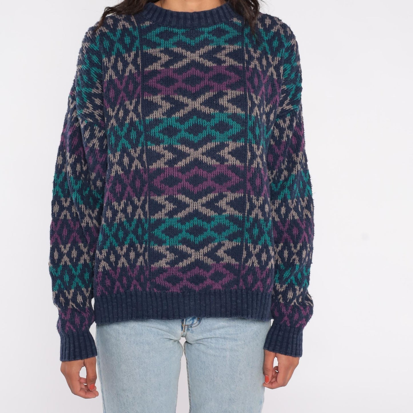 90s Patrick James Geometric Diamond Sweater Navy Teal Purple Cotton XL