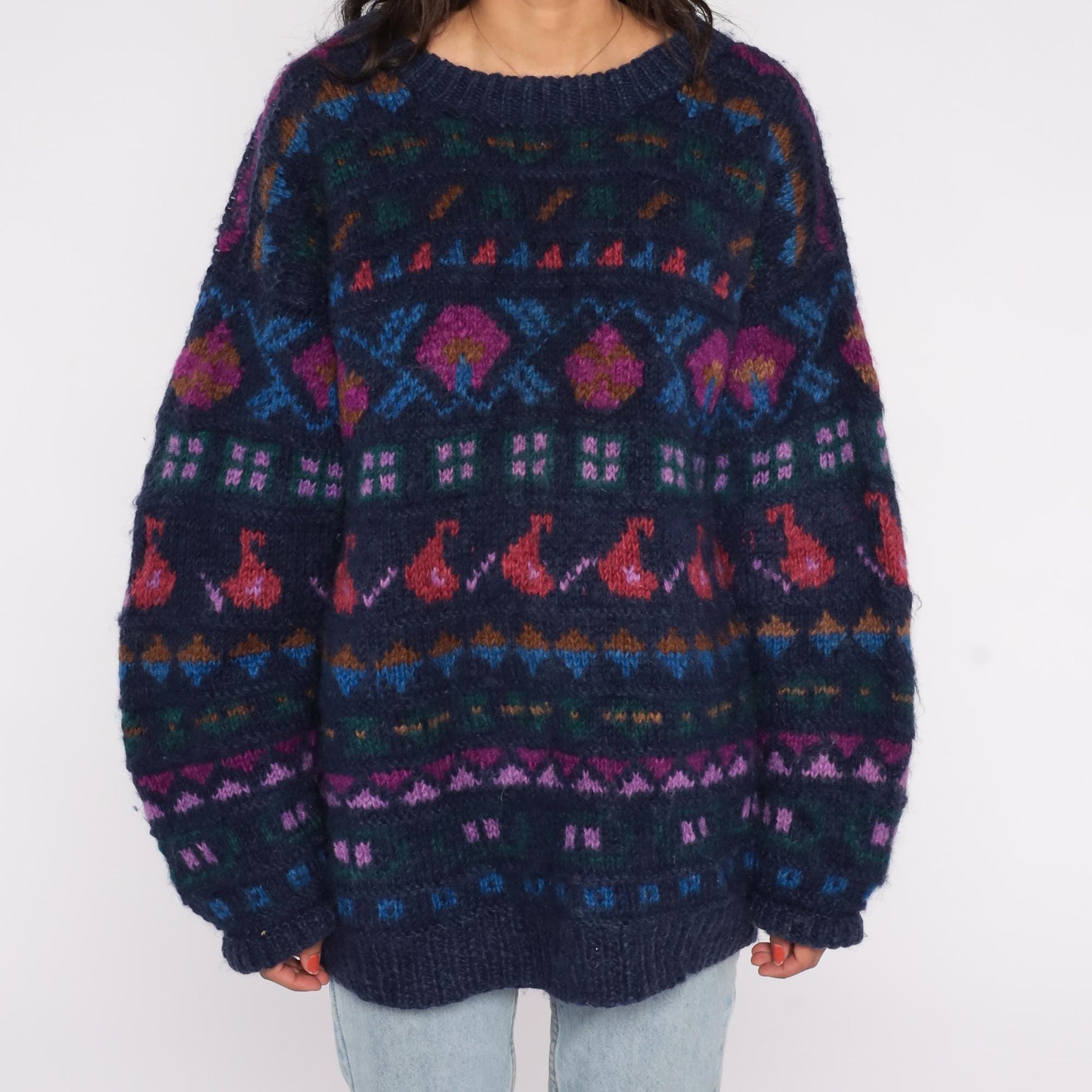 90s Ganesh Himal Hand Knit Wool Sweater Navy Fair Isle Geometric Pullover Extra Large