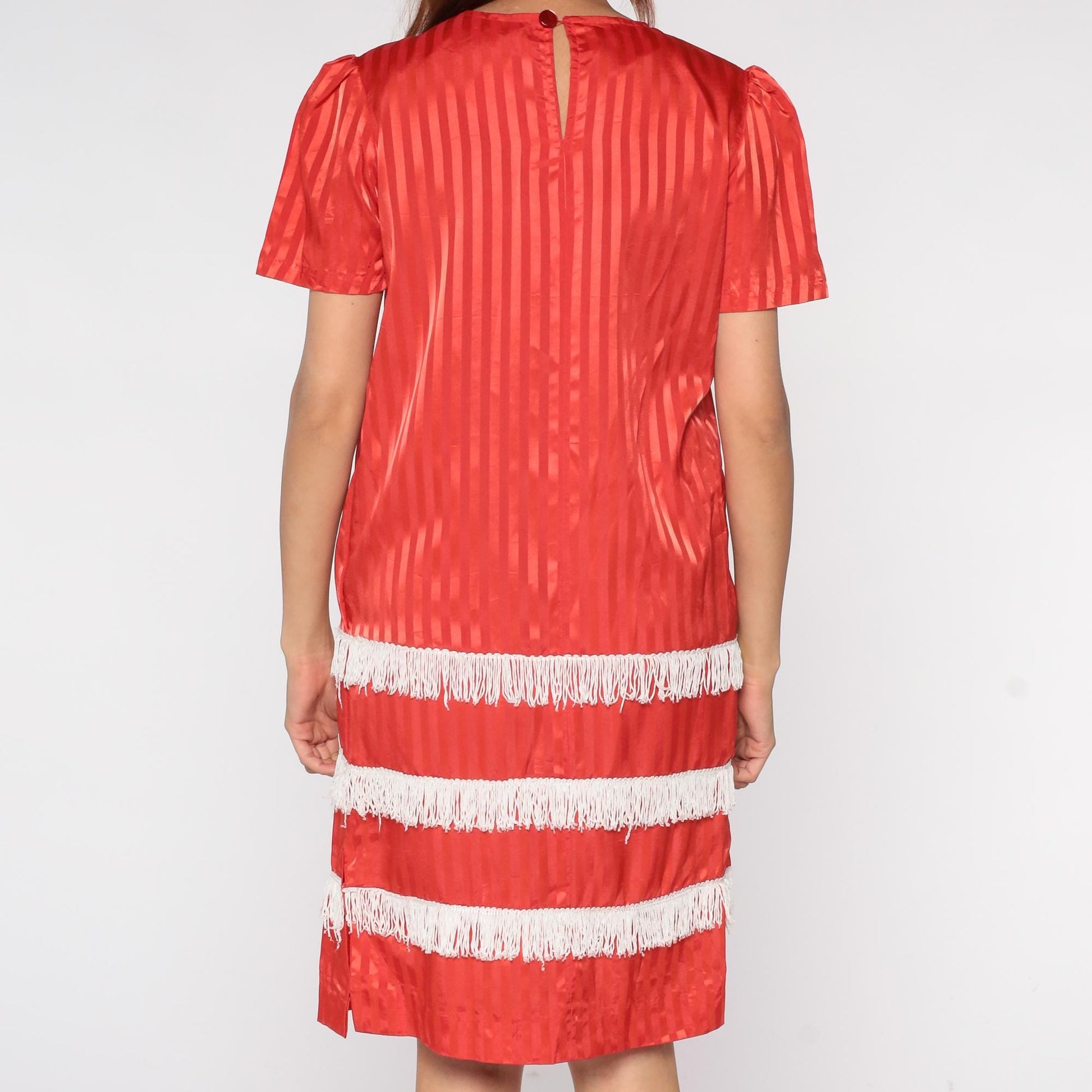 60s Red Satin Striped Shift Dress White Fringe Trim Mini XS
