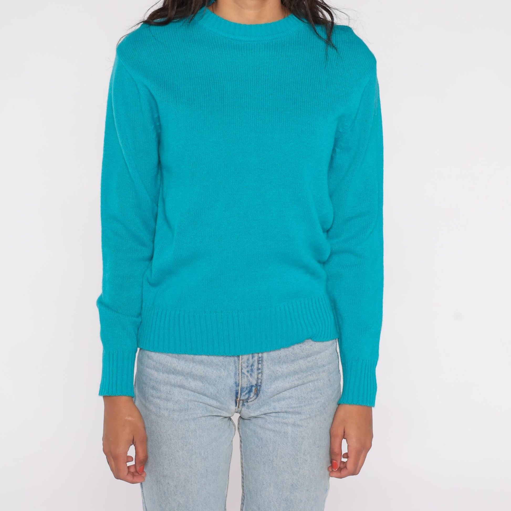 80s Turquoise Acrylic Crew Neck Sweater Knit Pullover Large L
