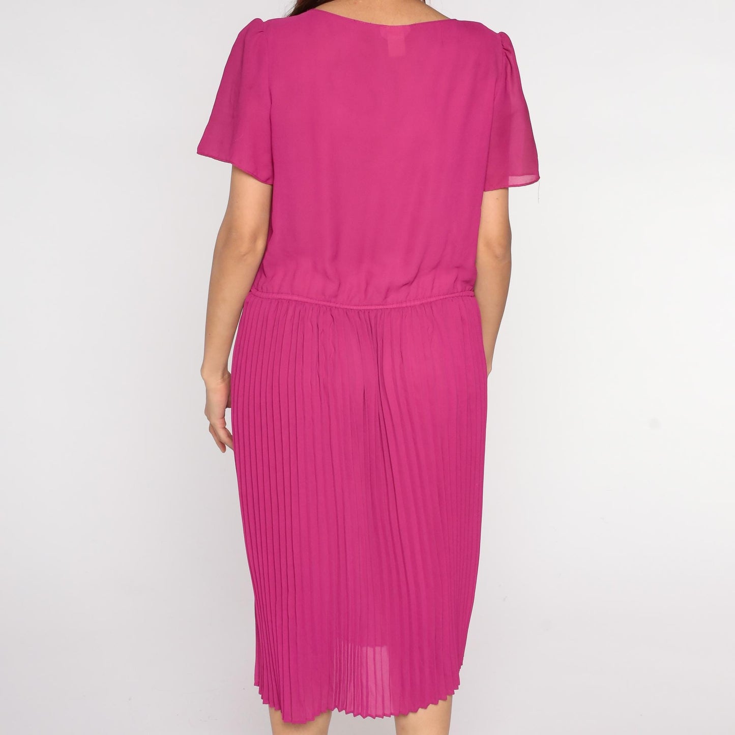 80s Mona Liza Magenta Pleated Midi Dress Puff Sleeve Floral Lace Large