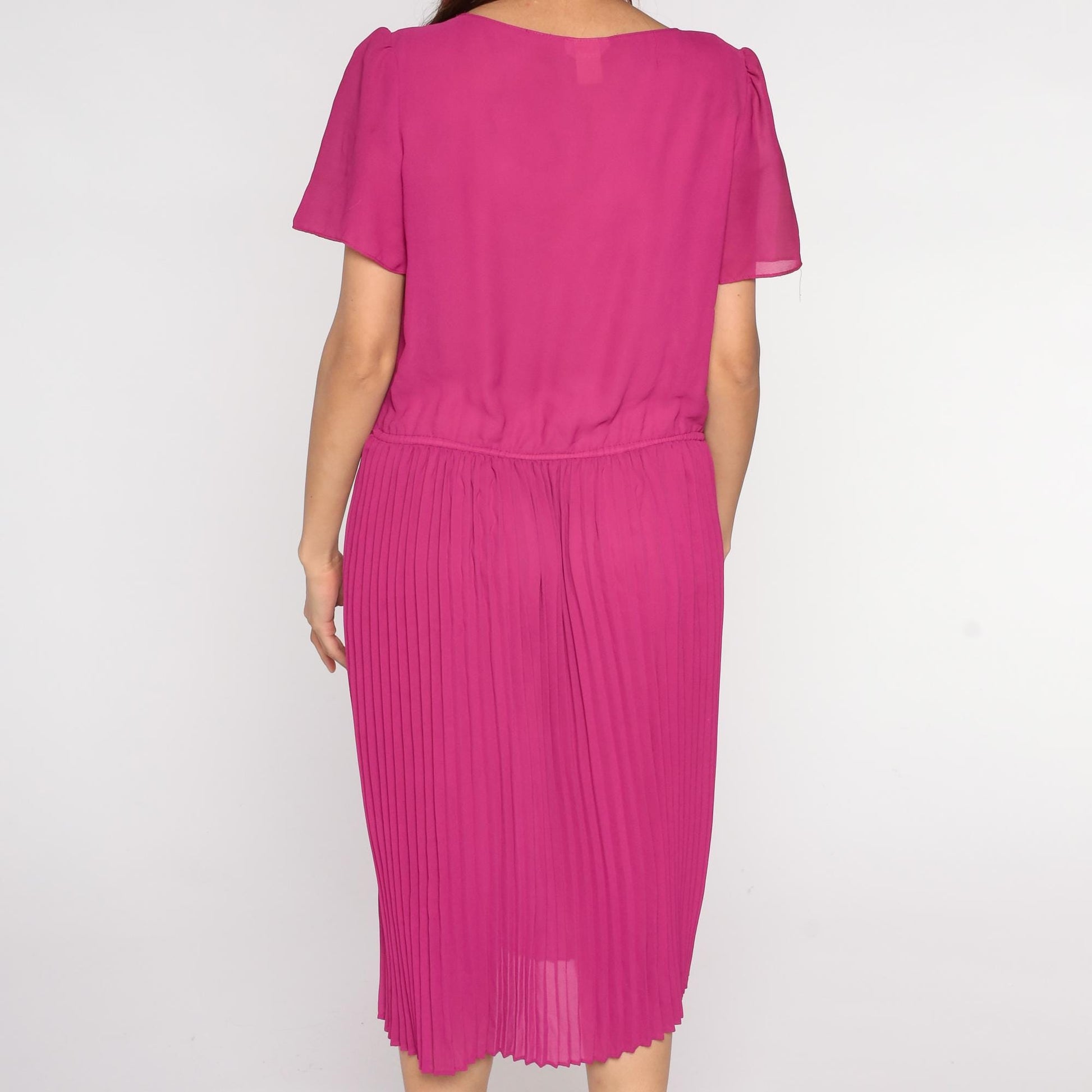 80s Mona Liza Magenta Pleated Midi Dress Puff Sleeve Floral Lace Large