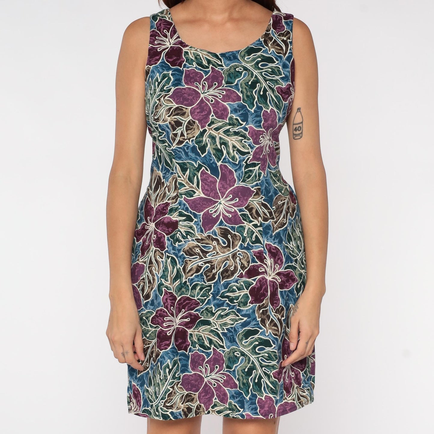 90s Hilo Hattie Hibiscus Floral Mini Dress Teal Purple Sleeveless XS