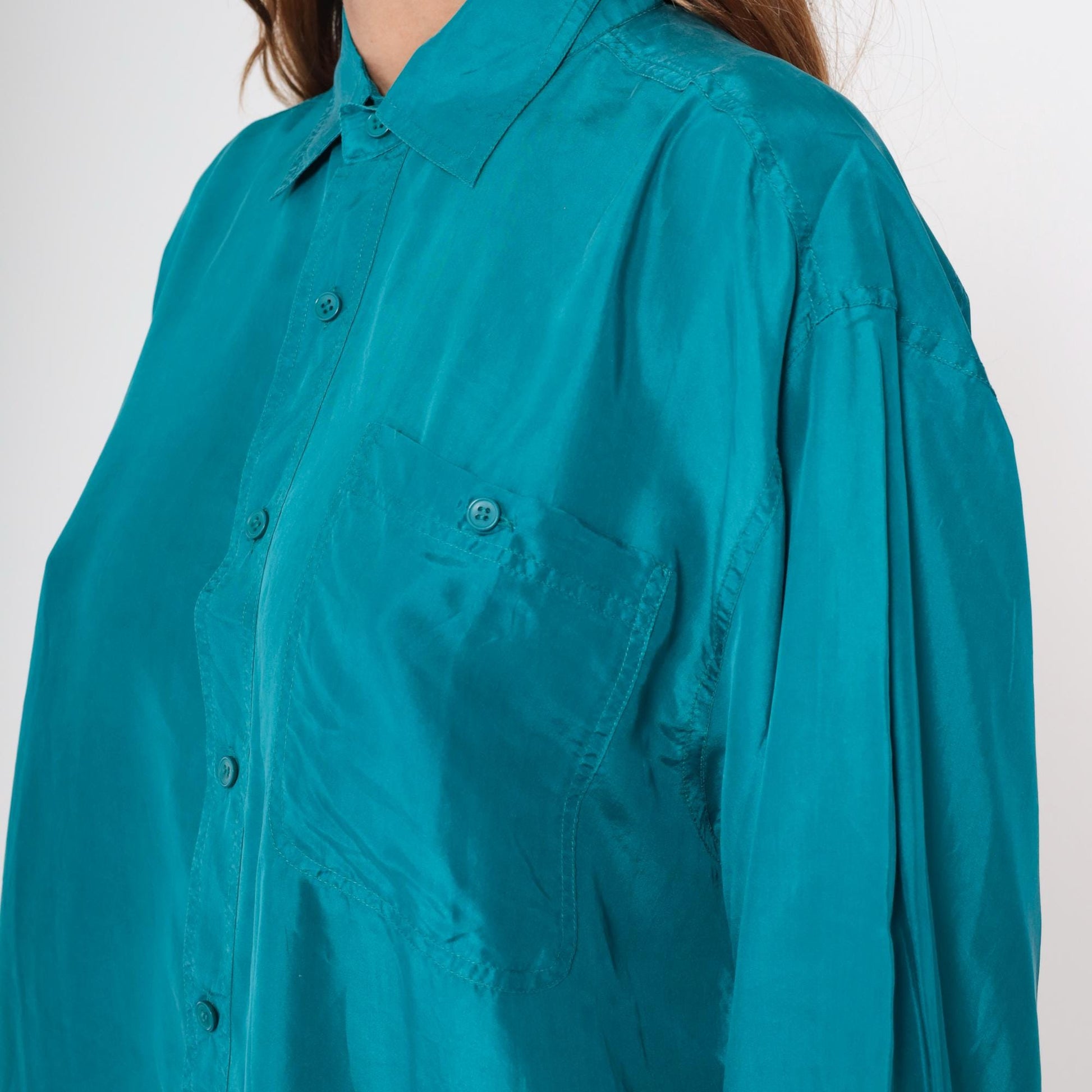 90s Olive Green Silk Button-Up Blouse Long Sleeve Chest Pocket Medium M