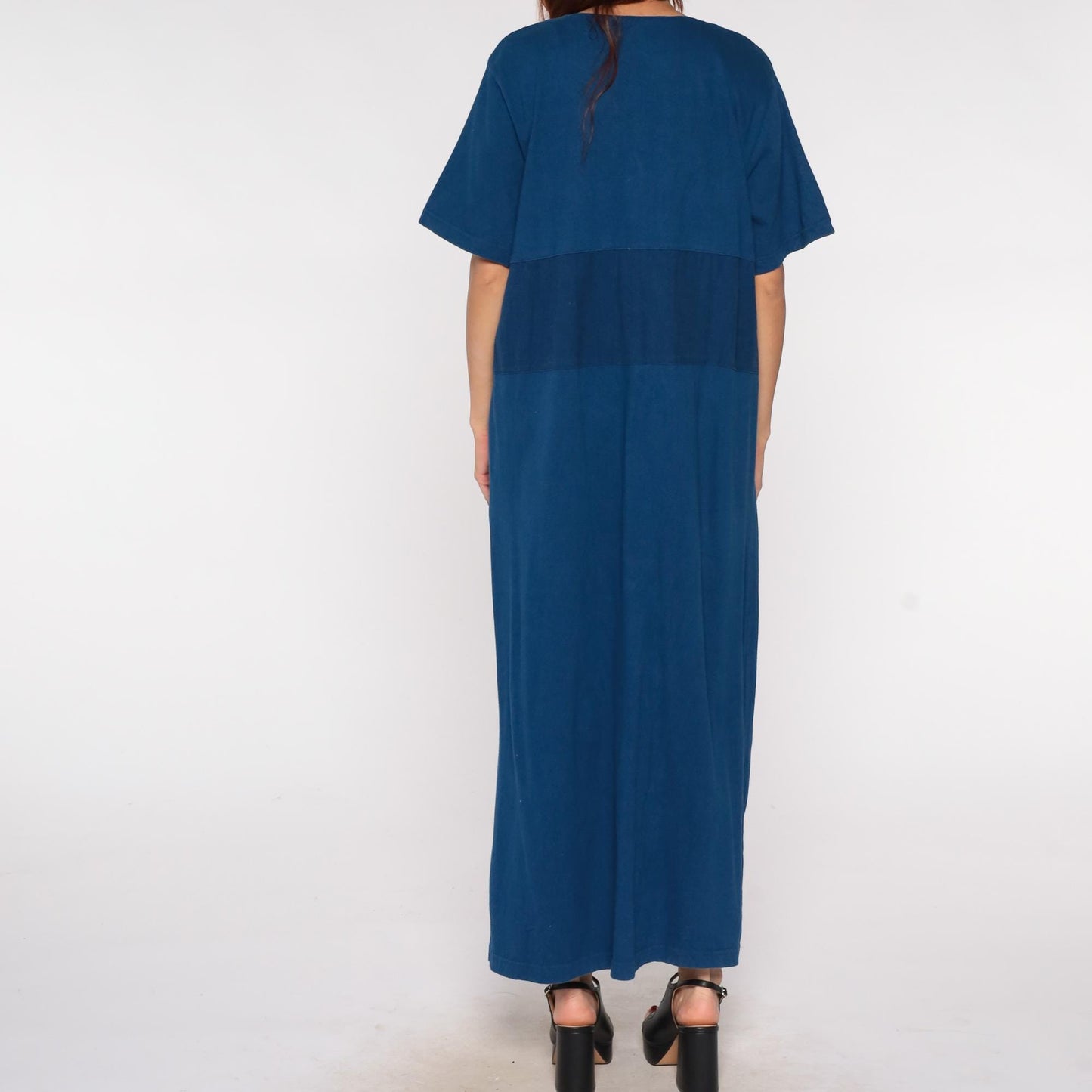 Y2K Navy Caftan Cat Fish Embroidered Button Front Maxi Cotton XL