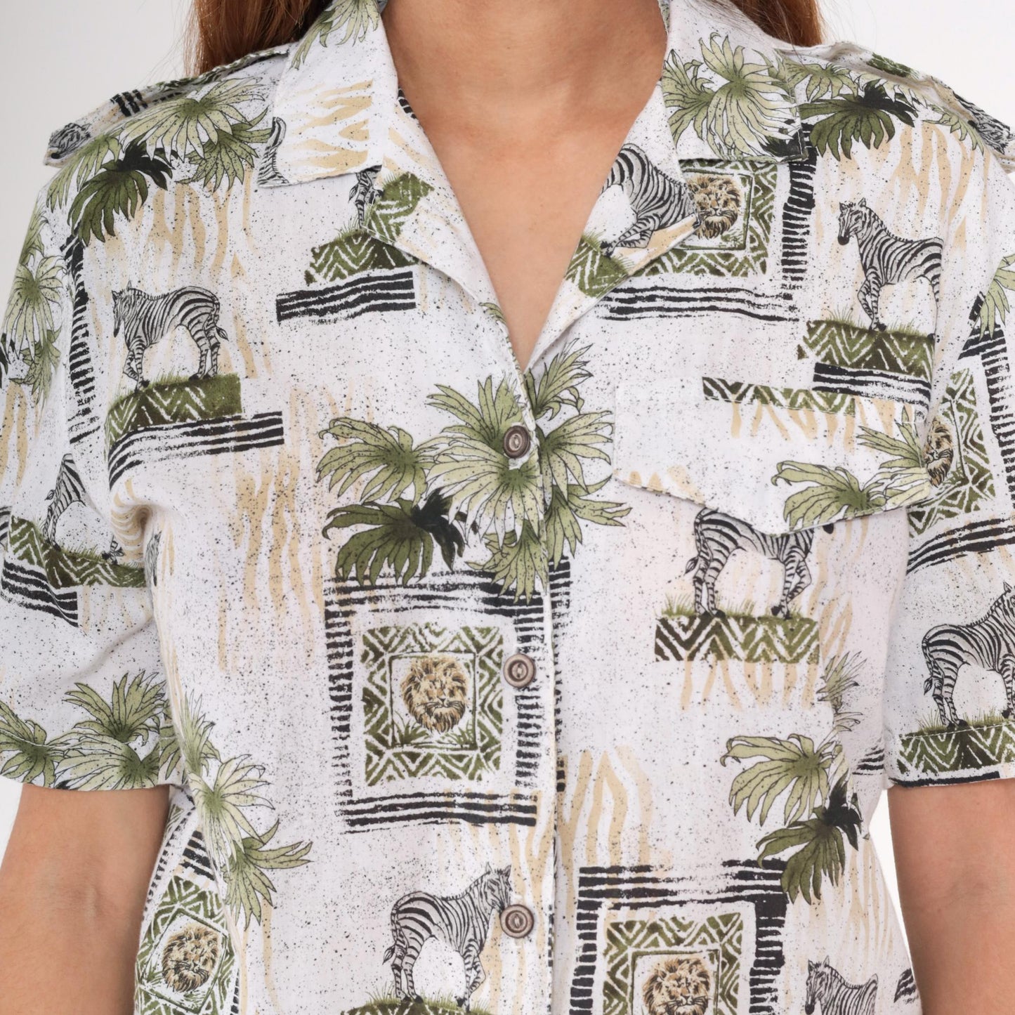 90s Safari Animal Print Button Down Shirt Zebra Lion Palm White Small