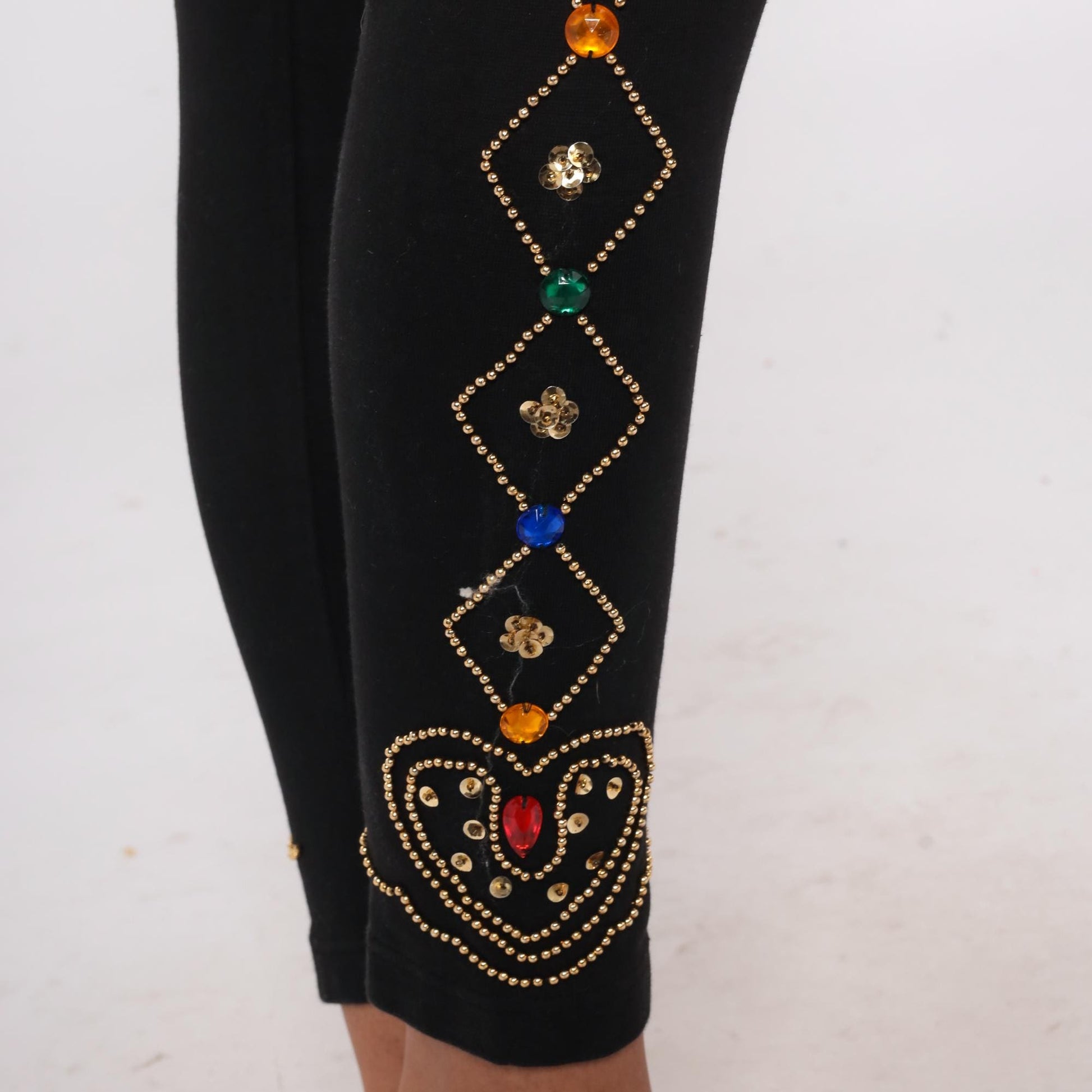 90s Contempo Casuals Black Beaded Leggings Gold Gemstone High Waist Medium M