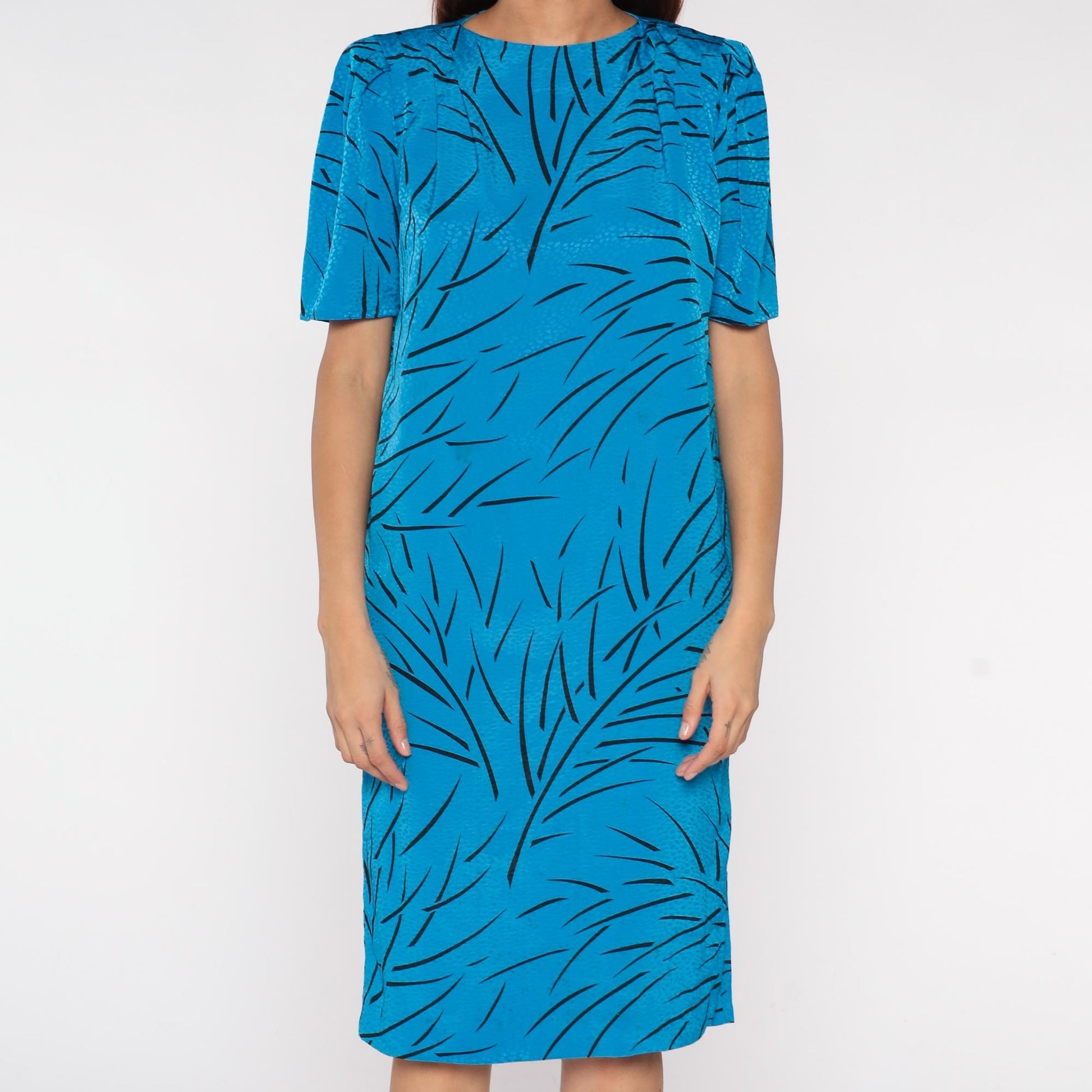80s Liz Claiborne Turquoise Abstract Print Midi Dress Short Sleeve Small S