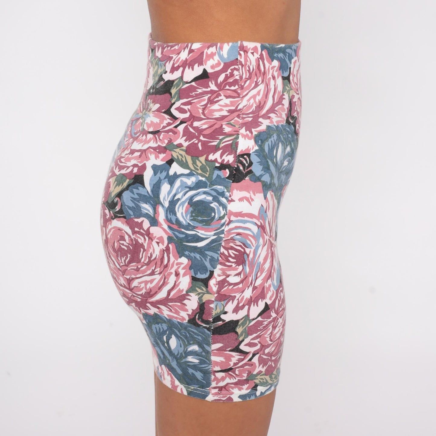 90s Express Floral Mini Skirt Rose Print Pink Blue High Waist Small S