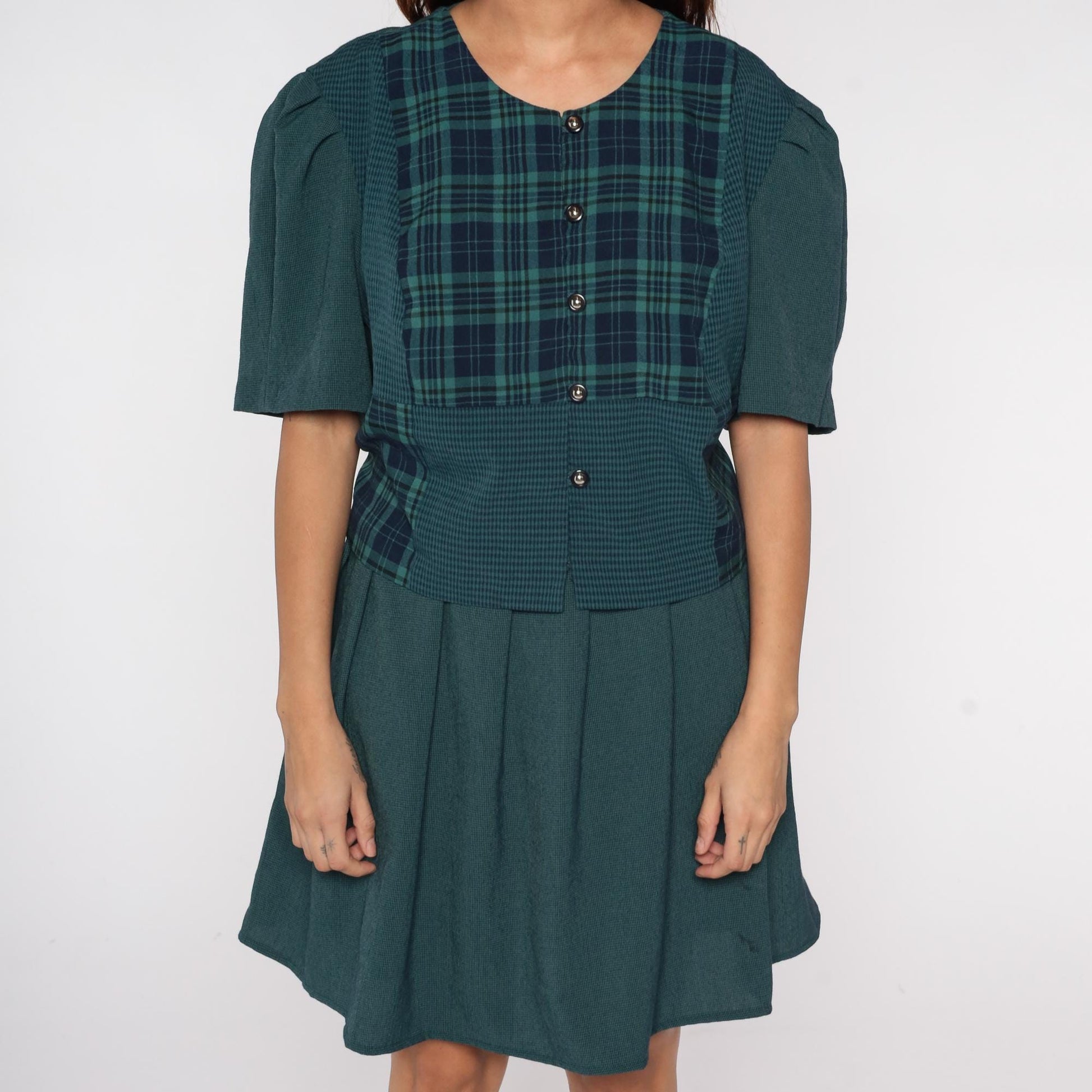 90s Lady Dorby Plaid Mini Dress Forest Green Navy Tie Back Plus Size 22W