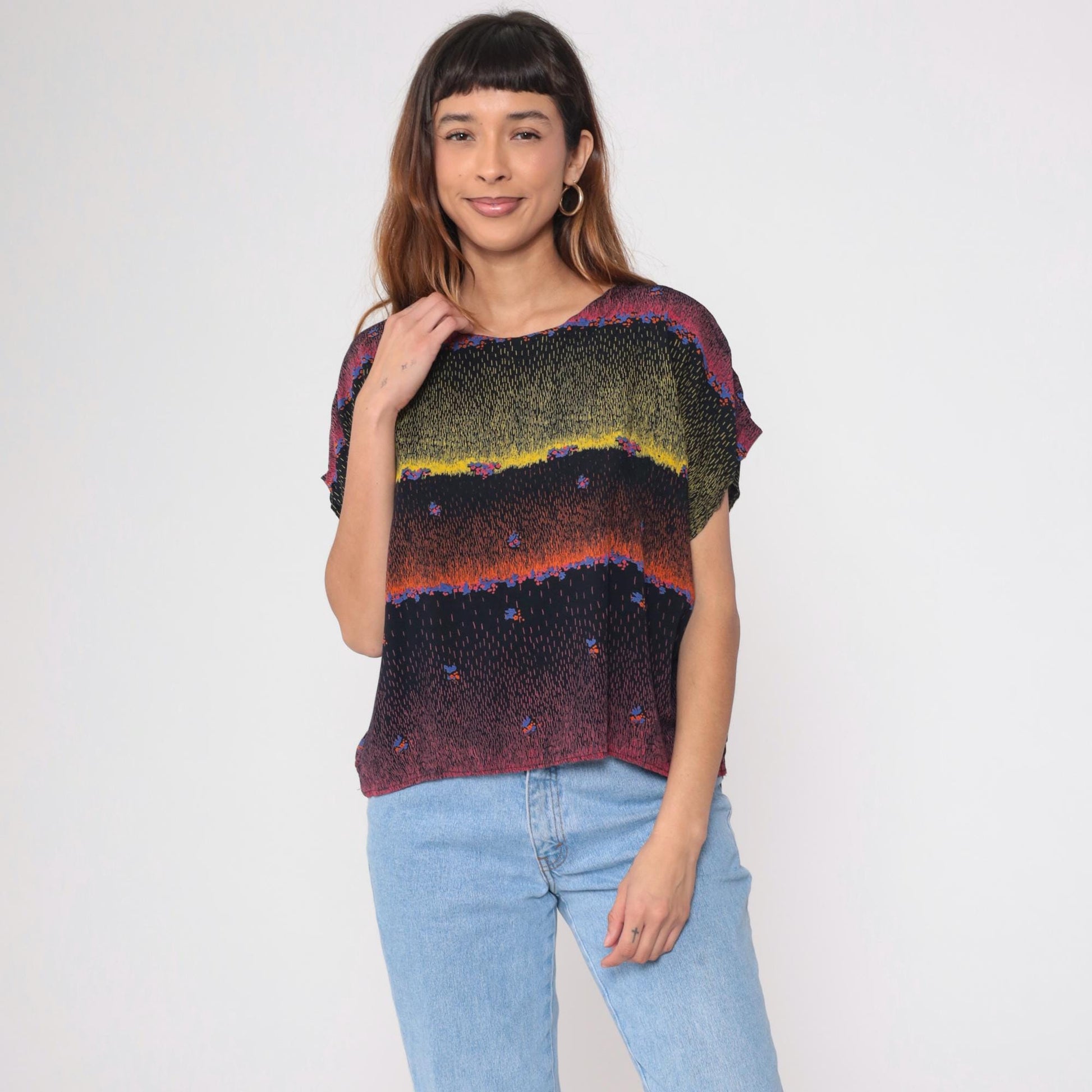 90s Abstract Multicolor Rayon Blouse Short Dolman Sleeves Small Medium