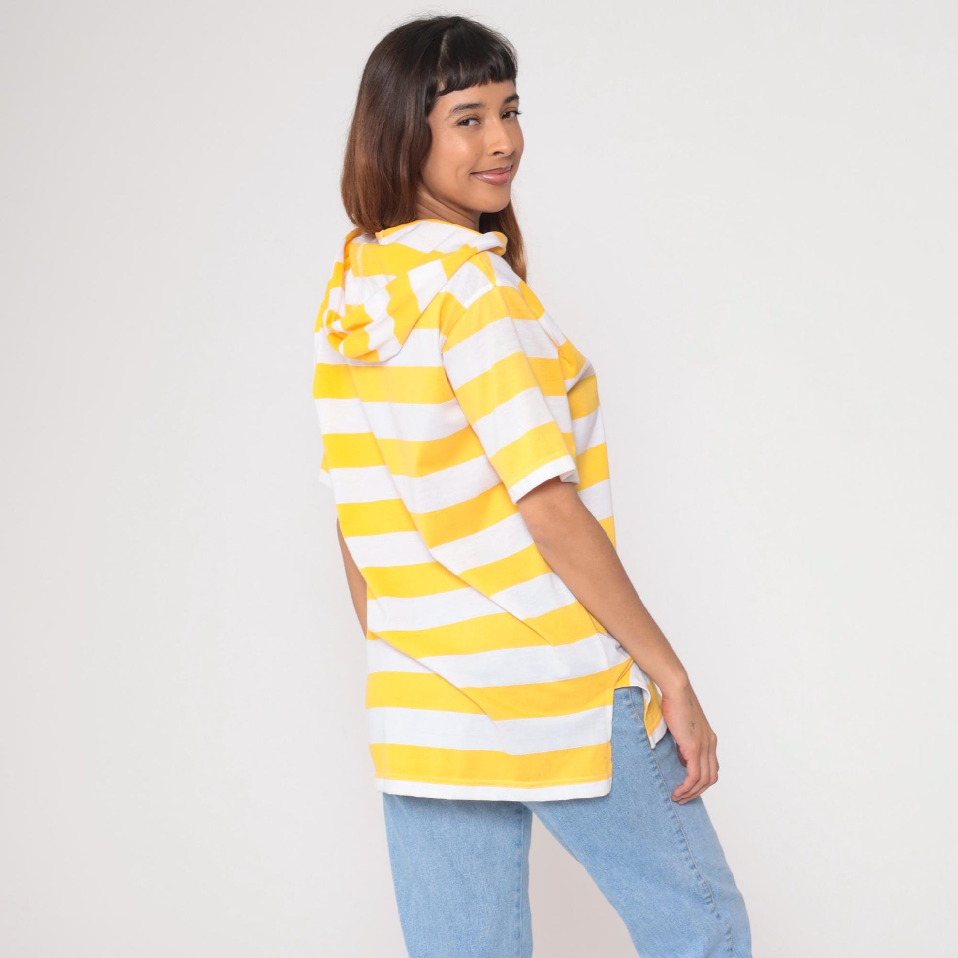 90s Yellow White Striped Short Sleeve Hooded Shirt Lace-Up V-Neck Small