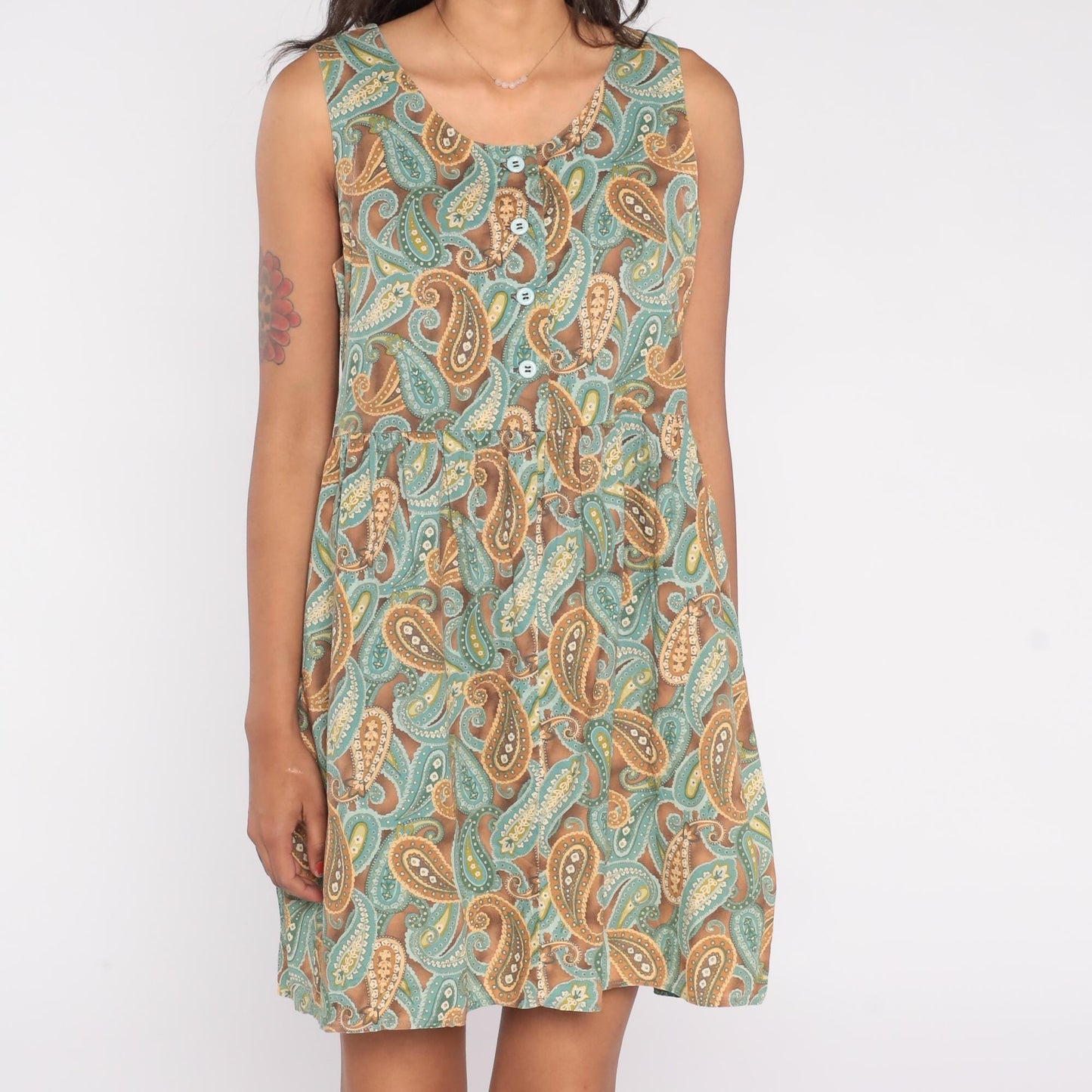 90s Paisley Mini Dress Brown Teal Gold Button Front Scoop Neck Medium M