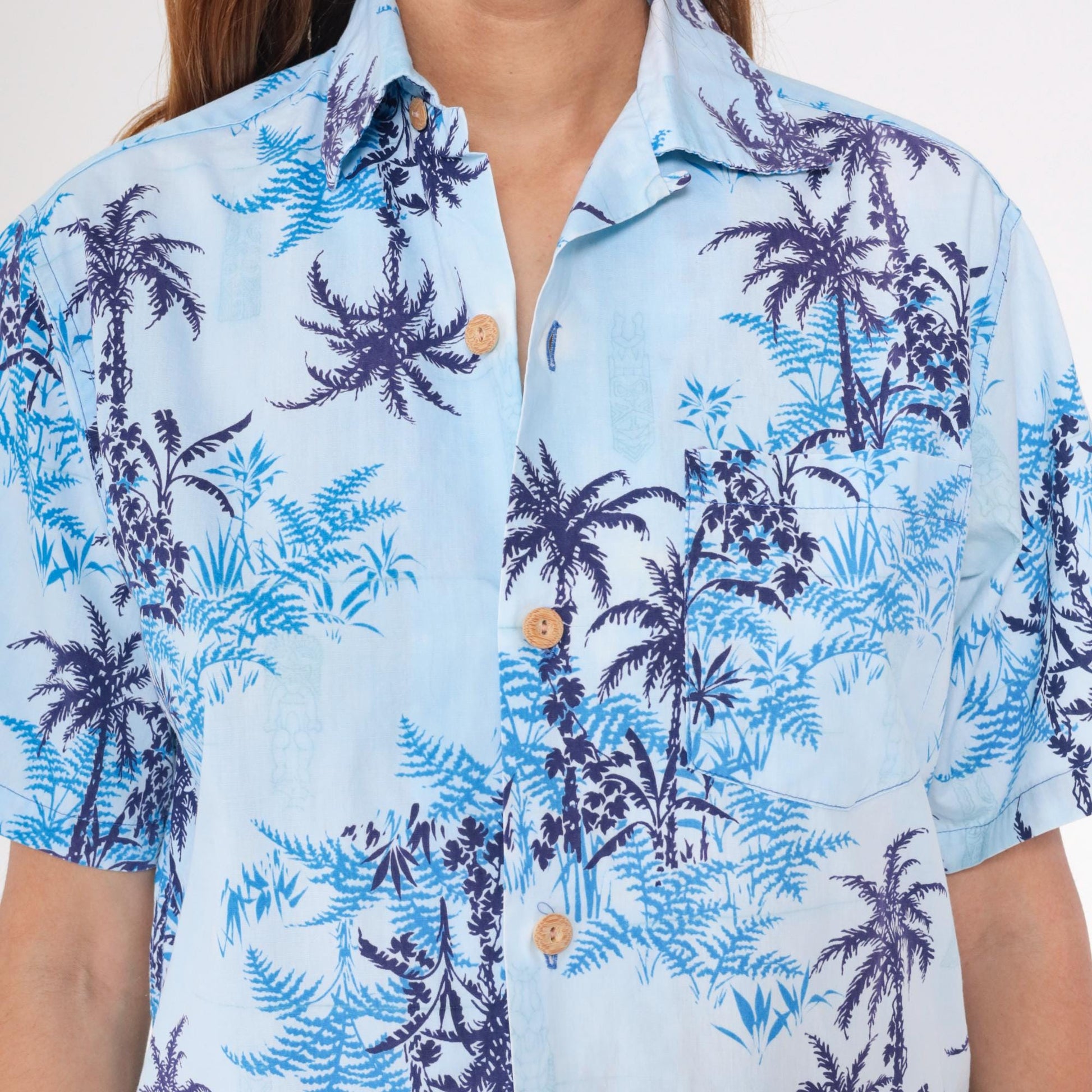 70s Tropicana Hawaiian Shirt Blue Palm Tree Fern Camp Collar Medium
