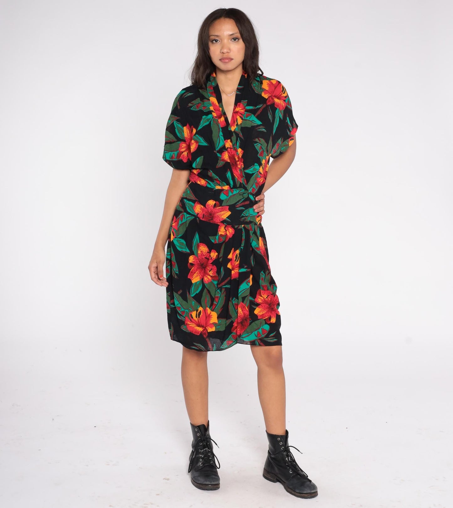 90s Casual Corner Tropical Floral Midi Wrap Dress Black Red Orange Green Medium