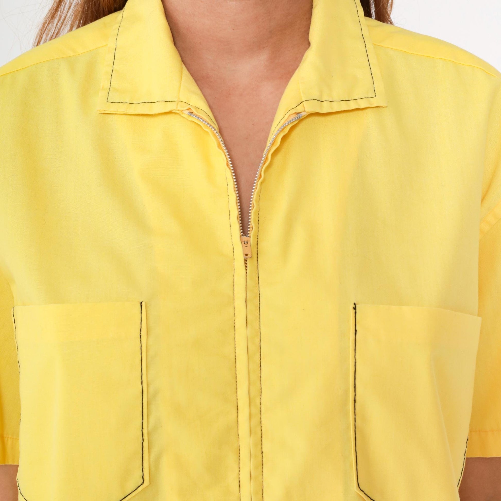70s Yellow Zip-Front Work Shirt Cotton Blend Utility Pockets Extra Large XL