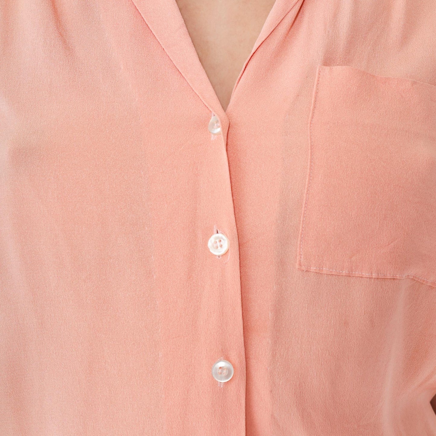 50s Peach Button-Down Blouse Rayon Blend V-Neck Short Sleeve Small