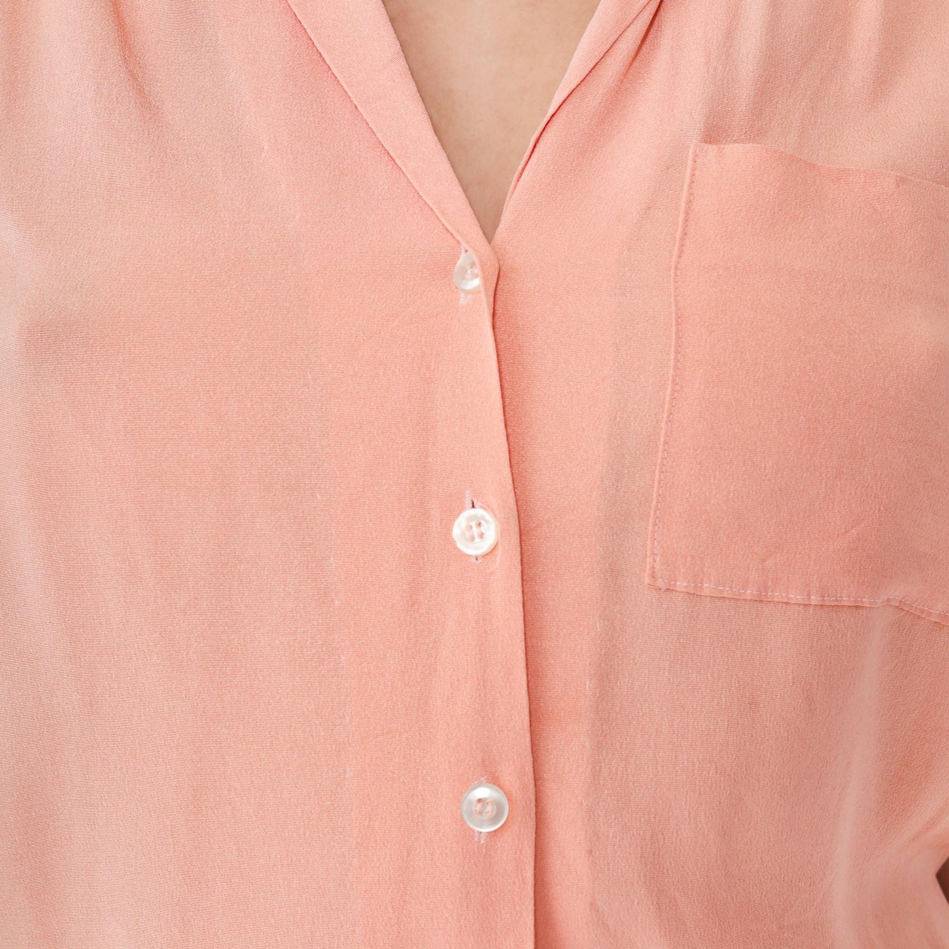 50s Peach Button-Down Blouse Rayon Blend V-Neck Short Sleeve Small