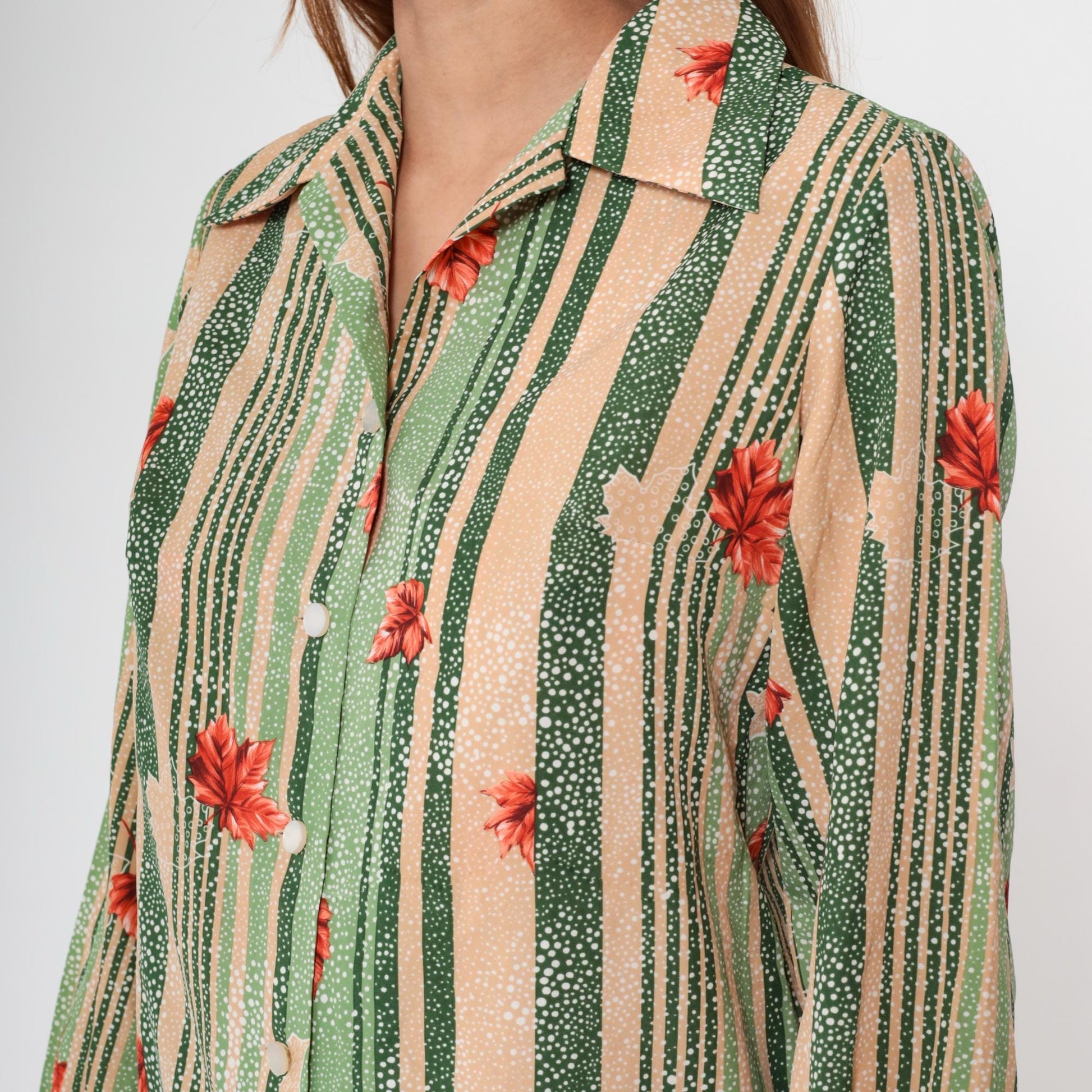70s Pykettes Maple Leaf Striped Button-Up Blouse Green Peach Medium M